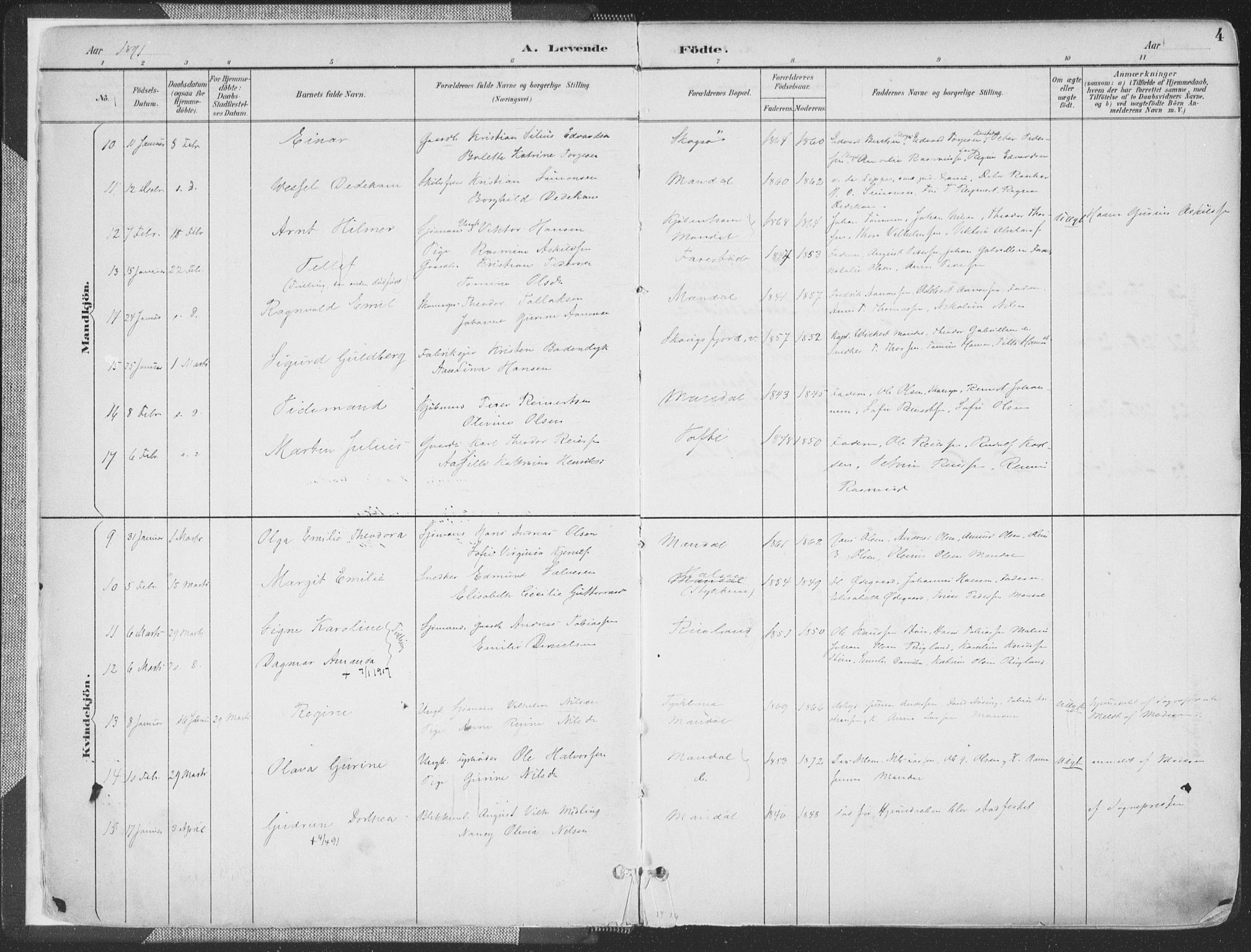 Mandal sokneprestkontor, SAK/1111-0030/F/Fa/Faa/L0018: Parish register (official) no. A 18, 1890-1905, p. 4