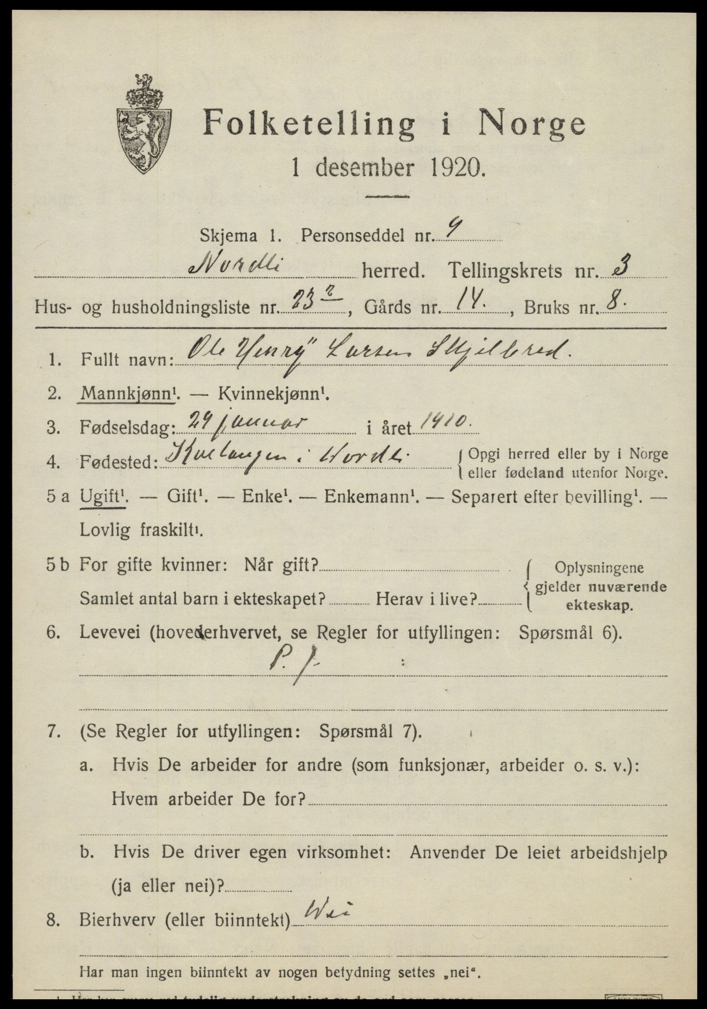 SAT, 1920 census for Nordli, 1920, p. 1643