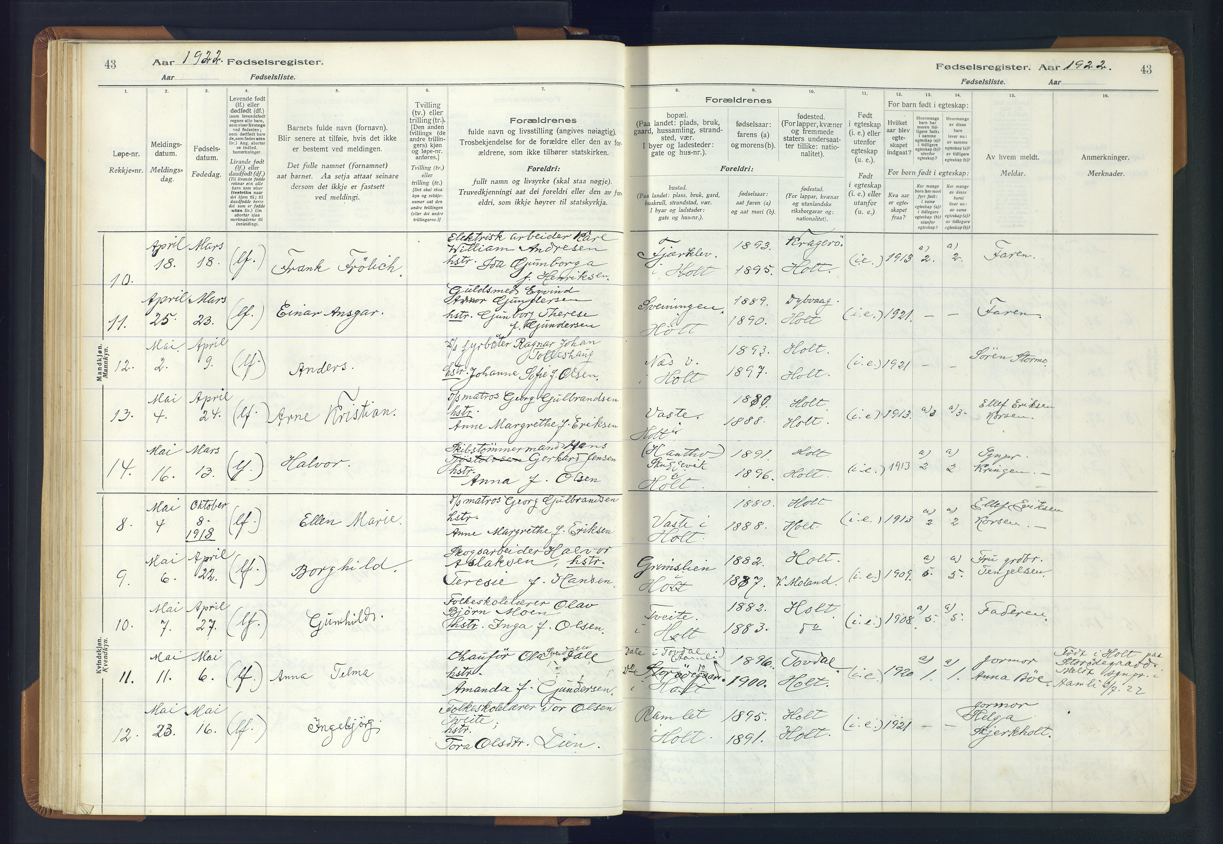 Holt sokneprestkontor, AV/SAK-1111-0021/J/Ja/L0001: Birth register no. II.4.1, 1916-1946, p. 43