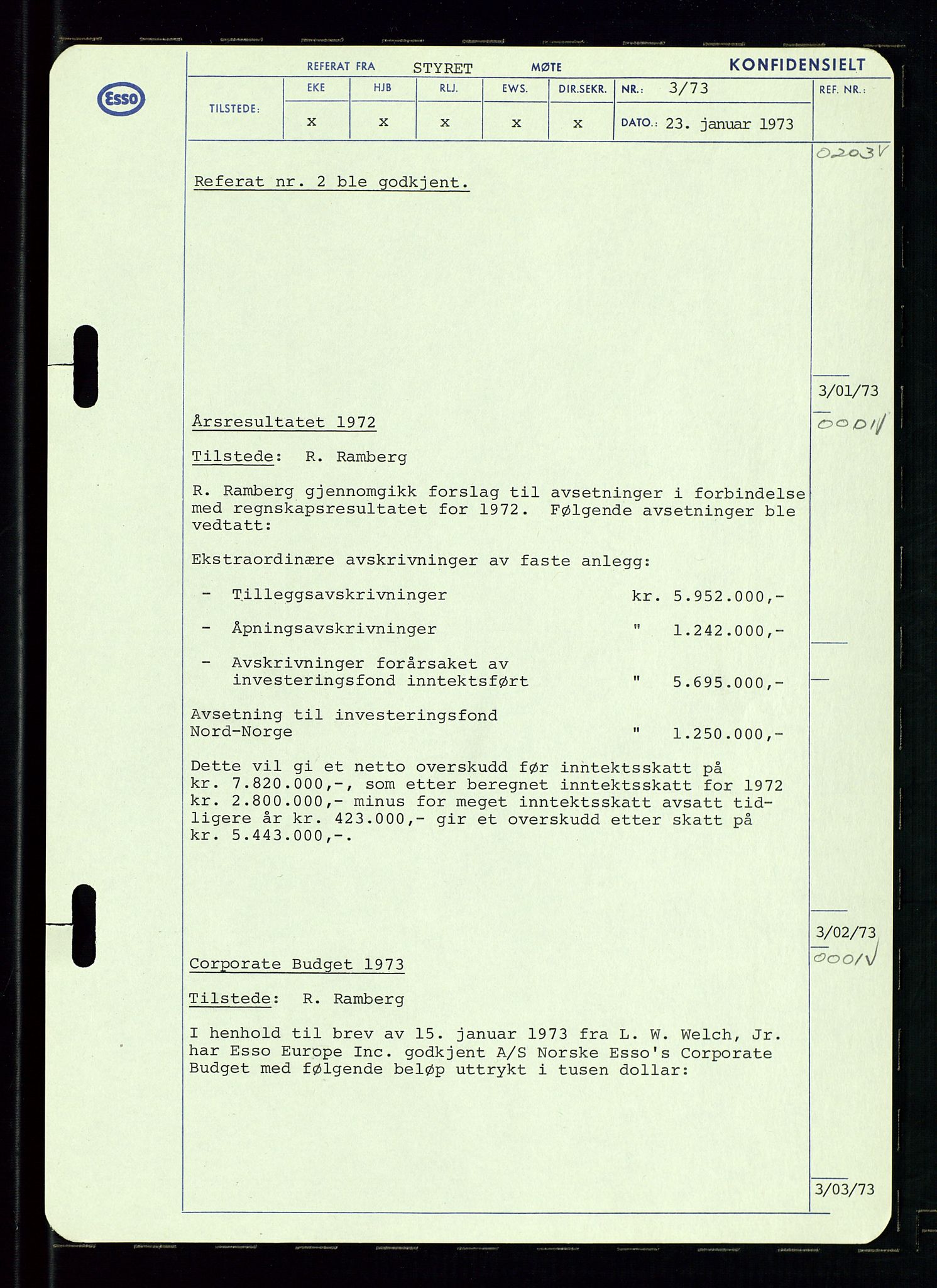 Pa 0982 - Esso Norge A/S, AV/SAST-A-100448/A/Aa/L0003/0002: Den administrerende direksjon Board minutes (styrereferater) og Bedriftforsamlingsprotokoll / Den administrerende direksjon Board minutes (styrereferater), 1970-1974, p. 88