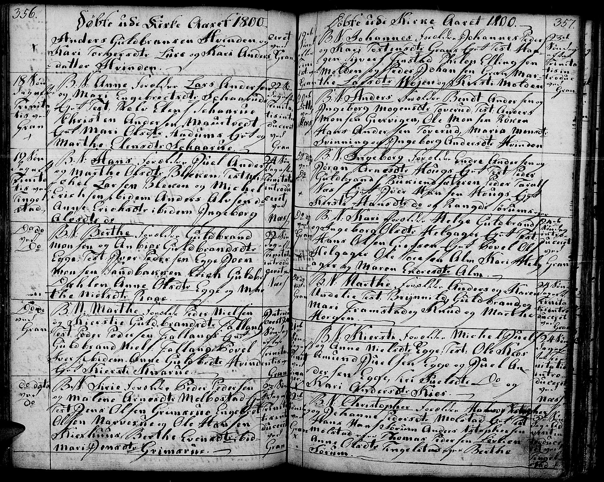 Gran prestekontor, SAH/PREST-112/H/Ha/Haa/L0006: Parish register (official) no. 6, 1787-1824, p. 356-357