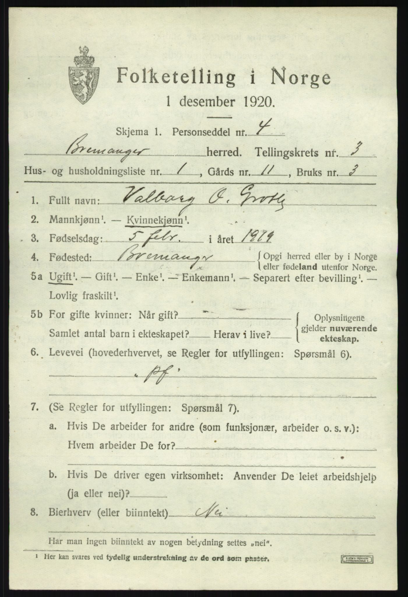 SAB, 1920 census for Bremanger, 1920, p. 2356