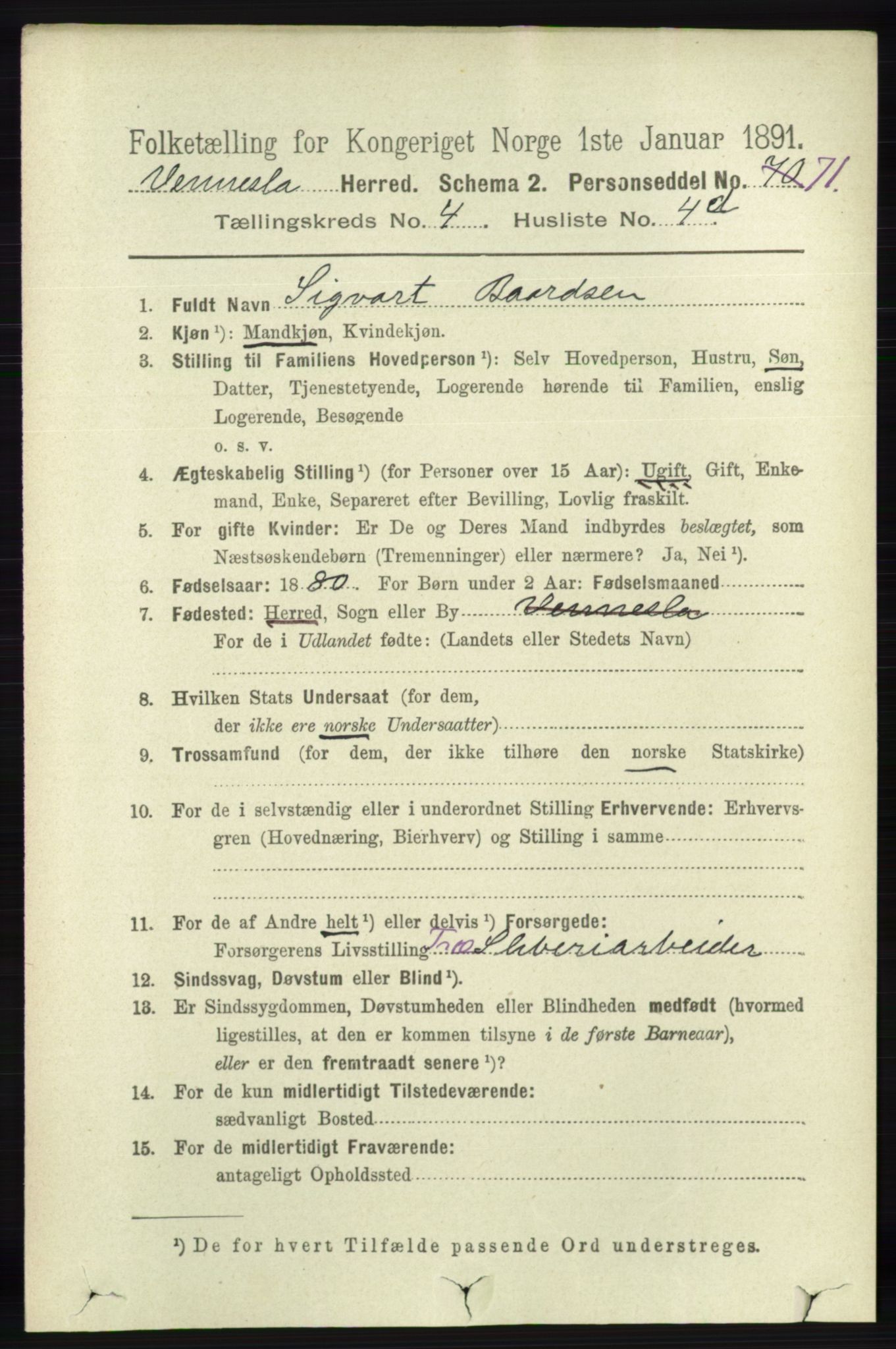 RA, 1891 census for 1014 Vennesla, 1891, p. 978