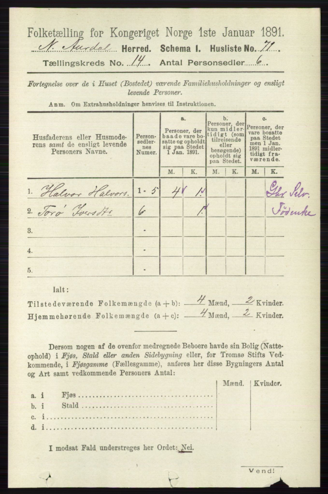 RA, 1891 census for 0542 Nord-Aurdal, 1891, p. 5207