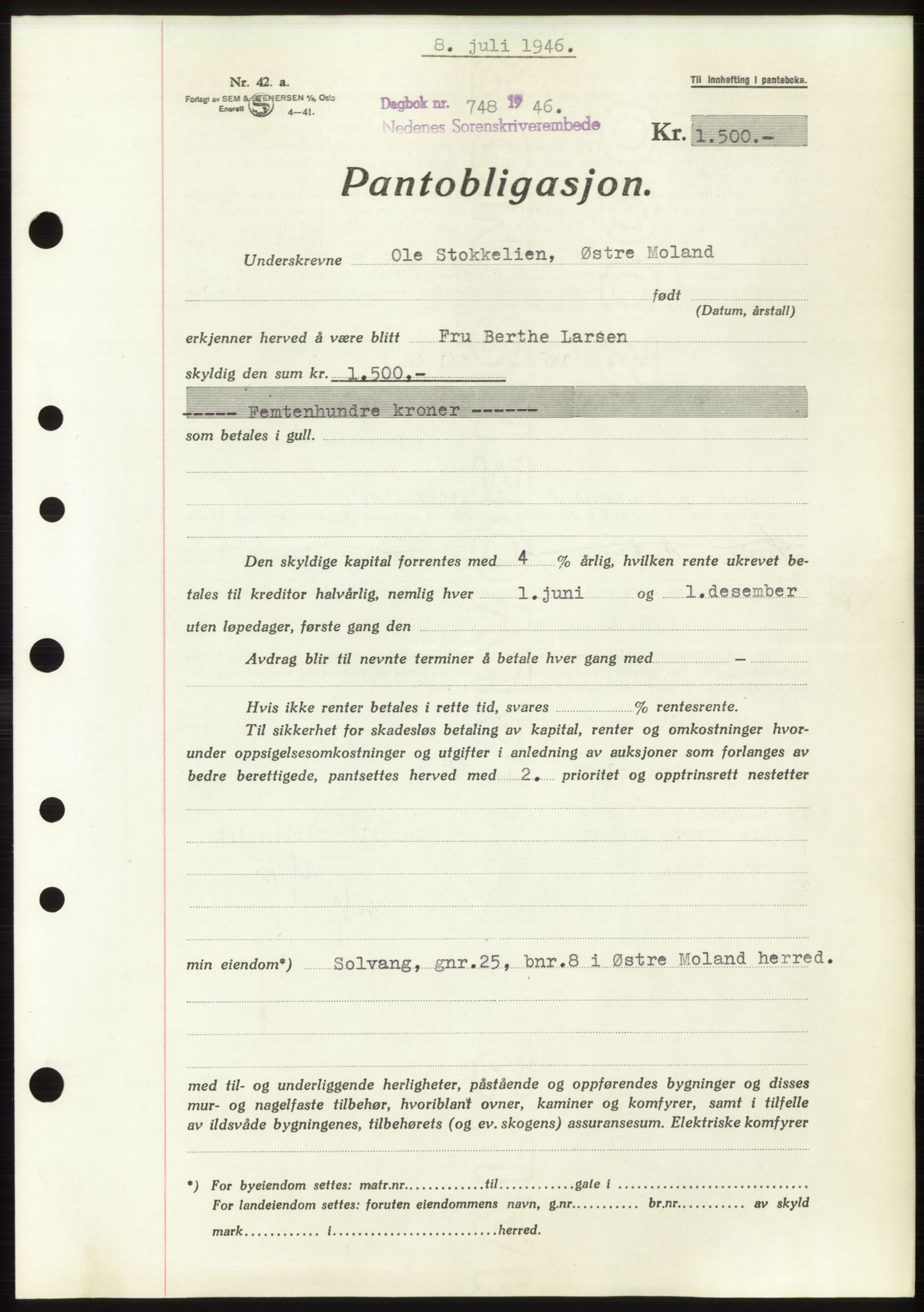Nedenes sorenskriveri, SAK/1221-0006/G/Gb/Gbb/L0003: Mortgage book no. B3b, 1946-1946, Diary no: : 748/1946