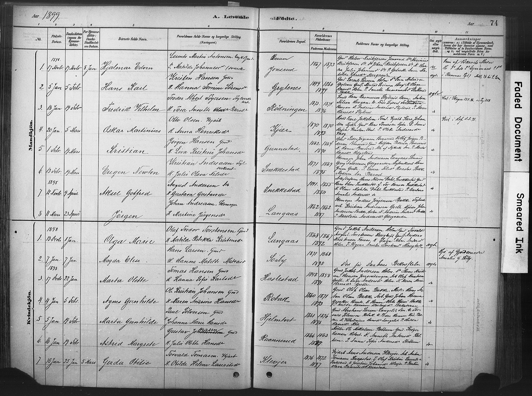 Våle kirkebøker, SAKO/A-334/F/Fa/L0011: Parish register (official) no. I 11, 1878-1906, p. 74
