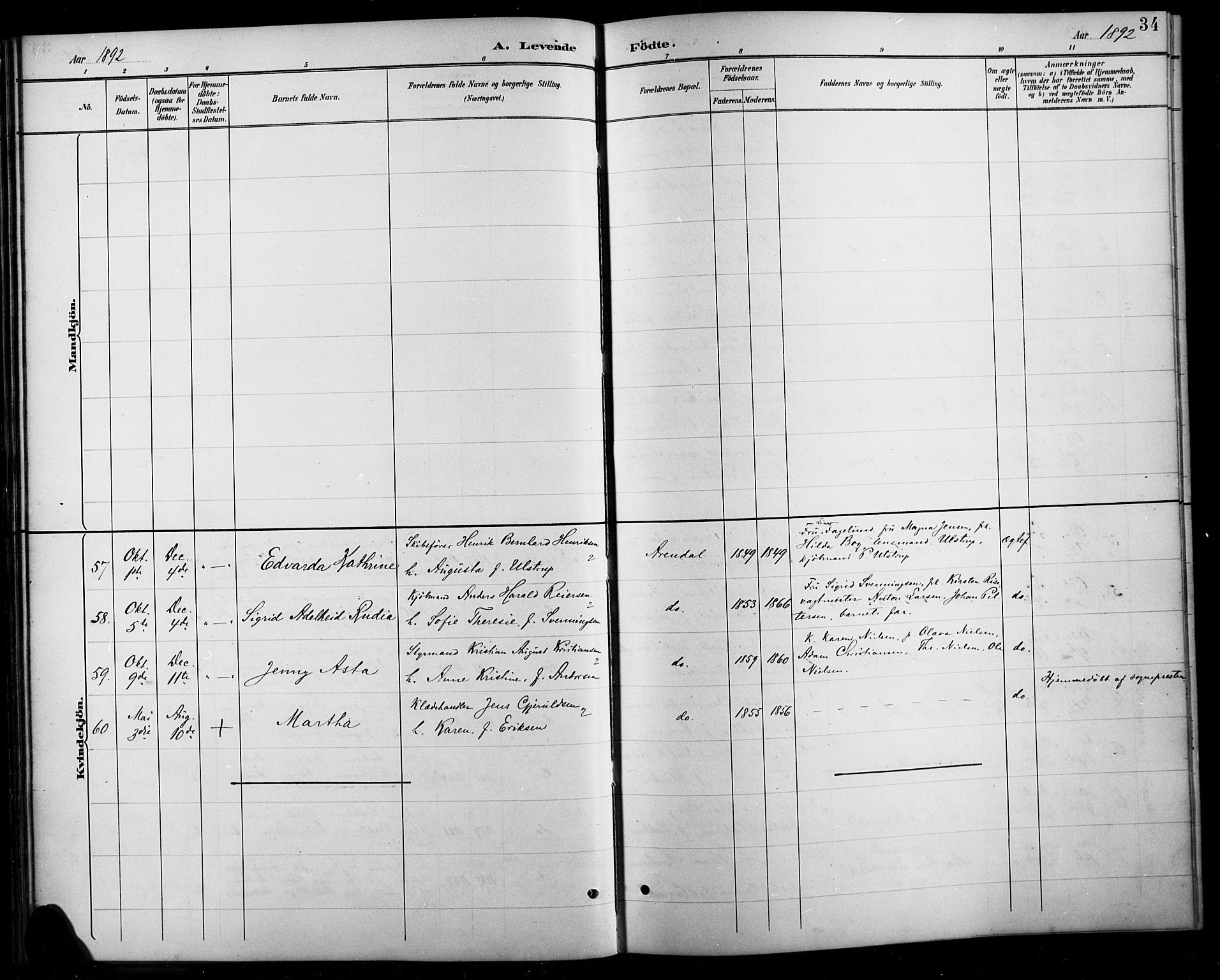 Arendal sokneprestkontor, Trefoldighet, AV/SAK-1111-0040/F/Fb/L0006: Parish register (copy) no. B 6, 1889-1916, p. 34