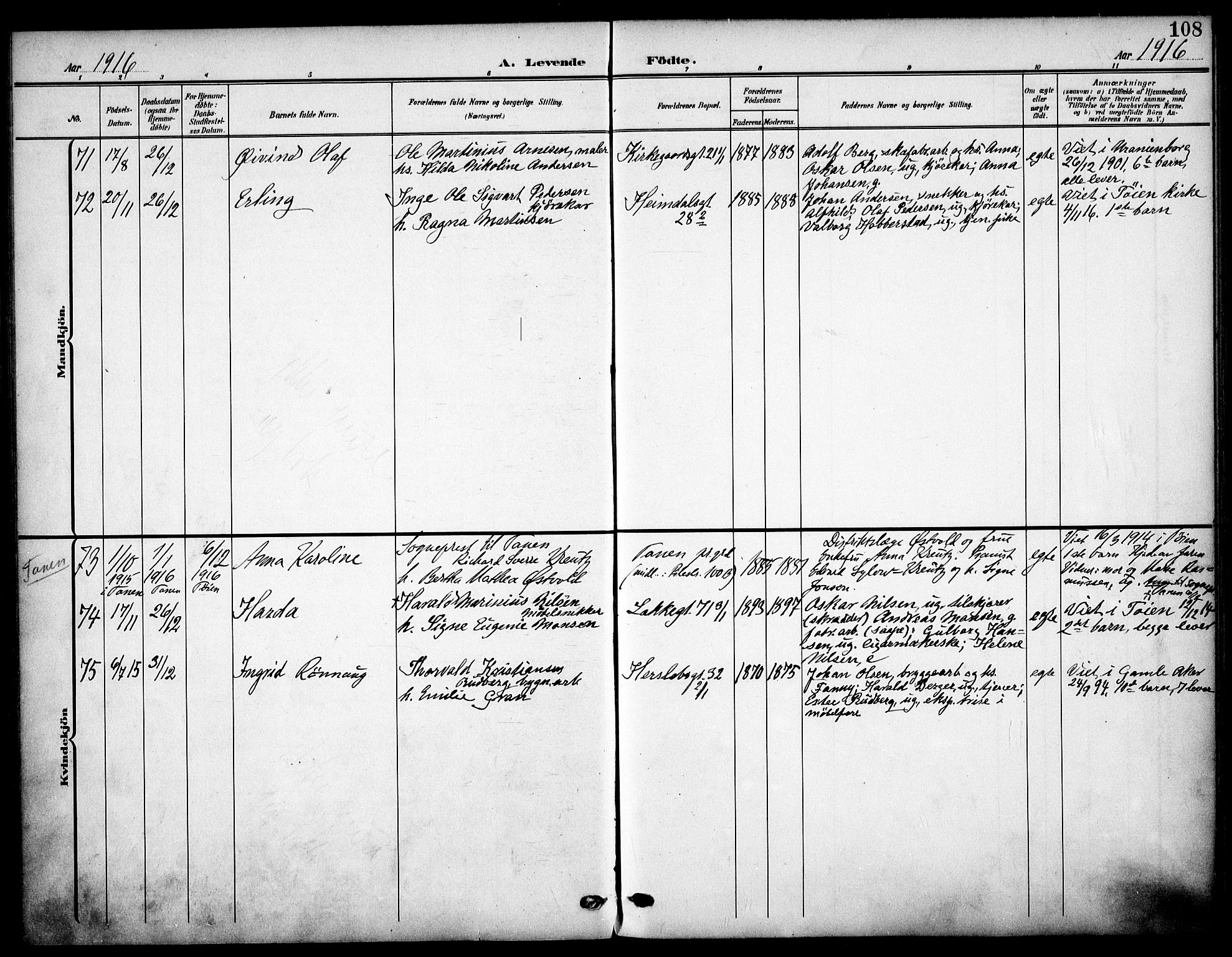 Tøyen prestekontor Kirkebøker, SAO/A-10167a/F/Fa/L0001: Parish register (official) no. 1, 1907-1916, p. 108