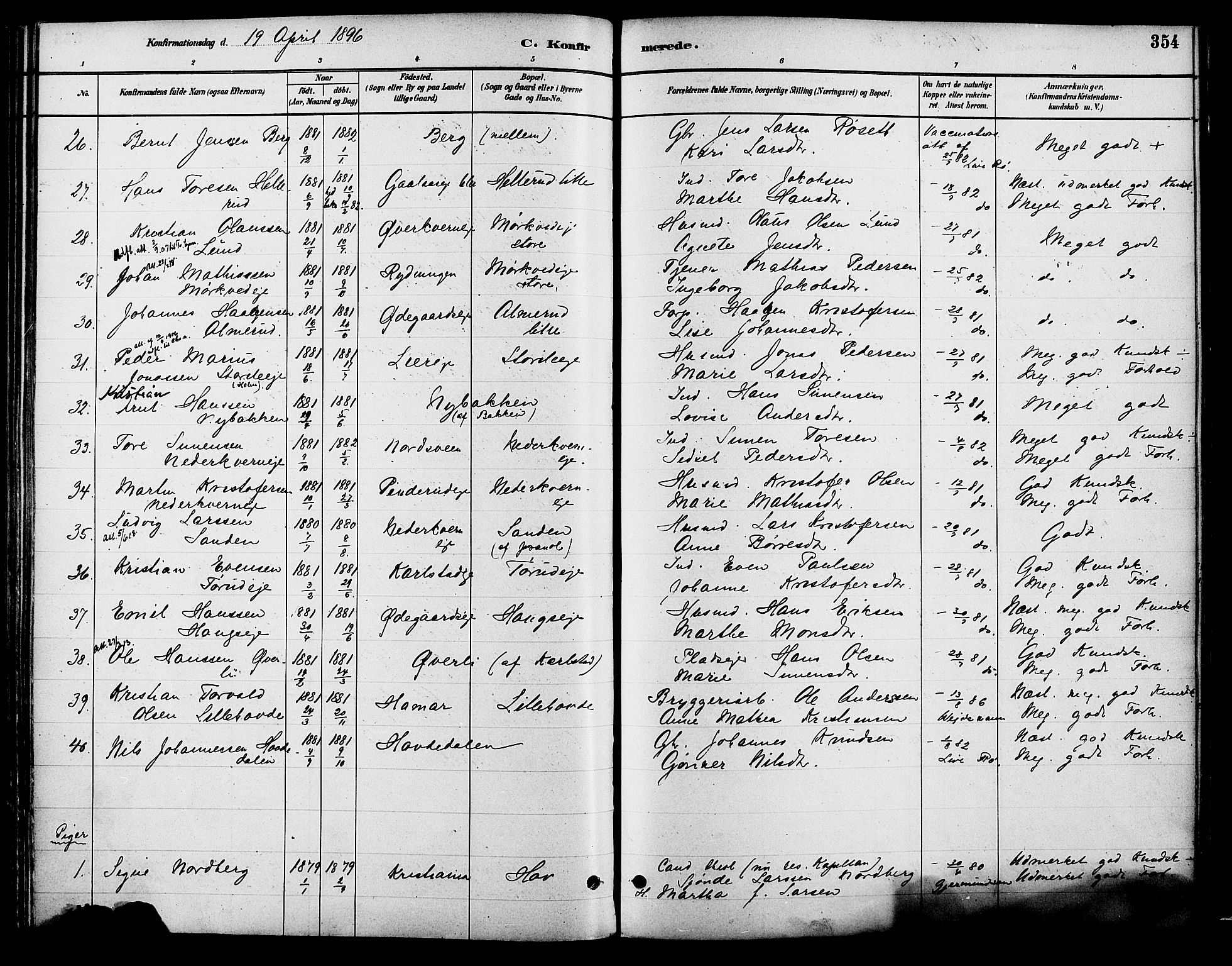 Vang prestekontor, Hedmark, SAH/PREST-008/H/Ha/Haa/L0018B: Parish register (official) no. 18B, 1880-1906, p. 354