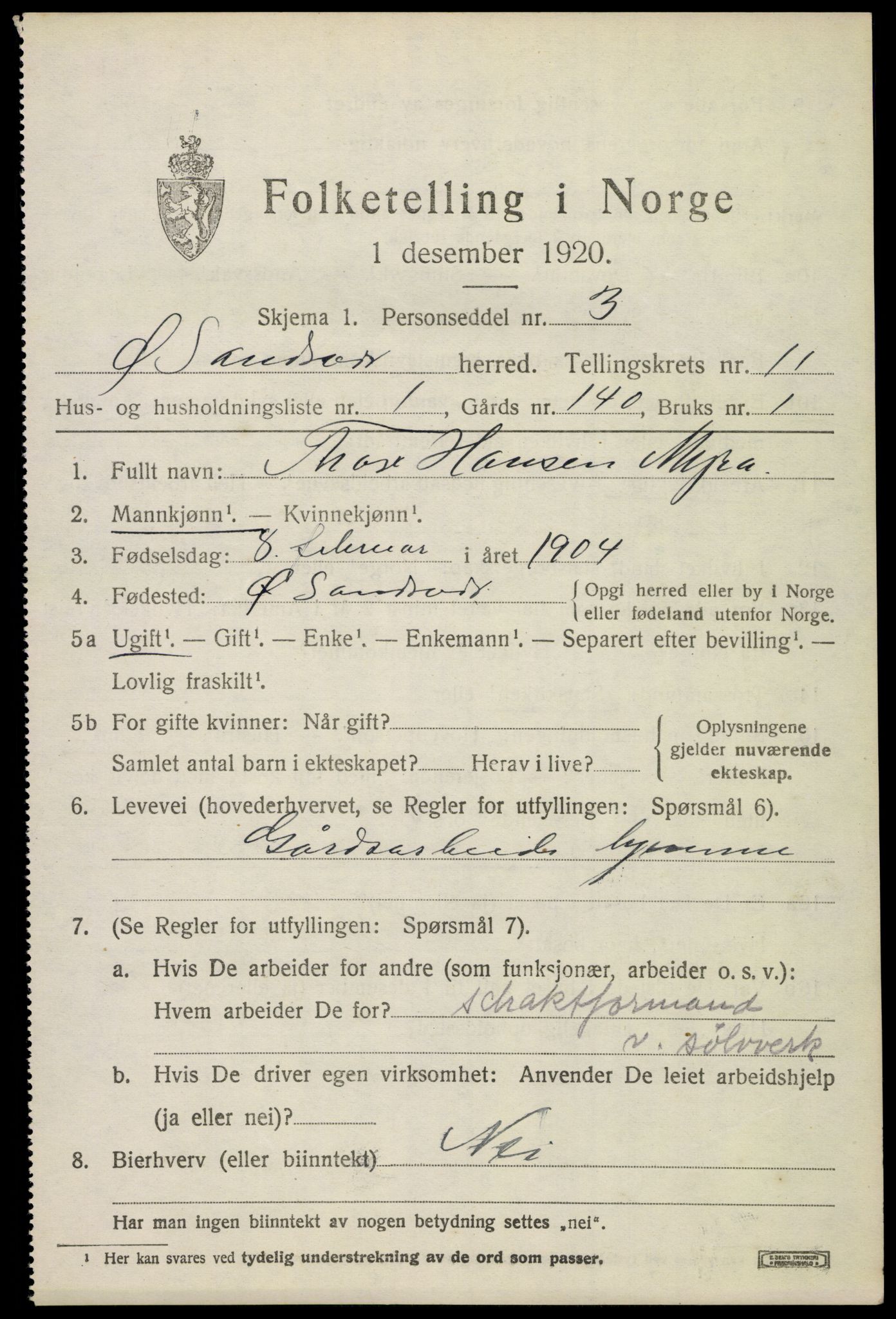 SAKO, 1920 census for Øvre Sandsvær, 1920, p. 5734