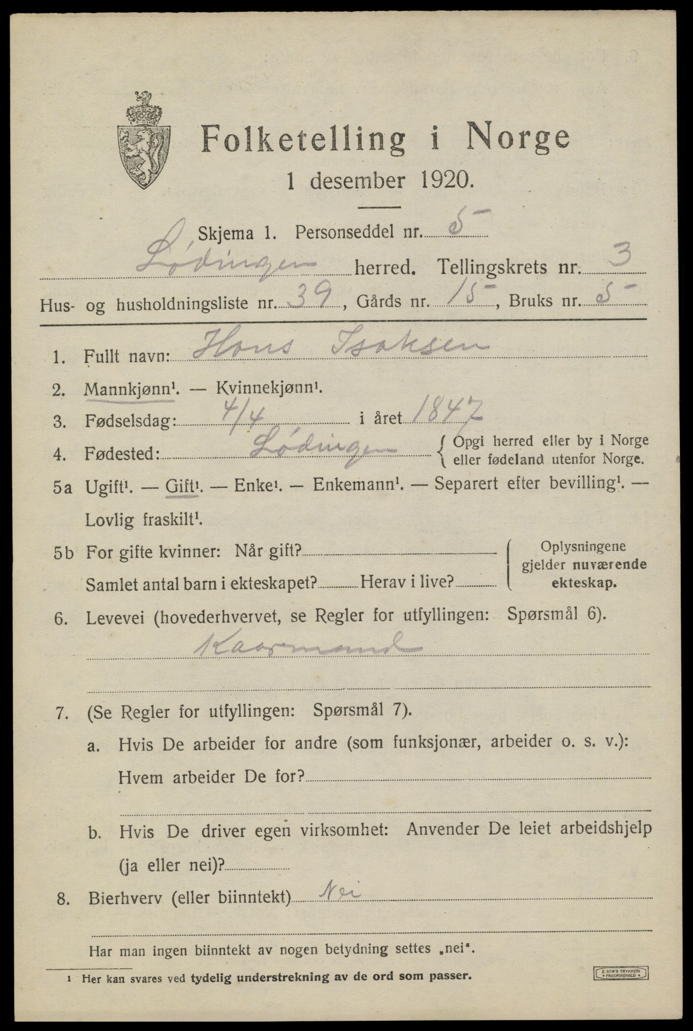 SAT, 1920 census for Lødingen, 1920, p. 2593