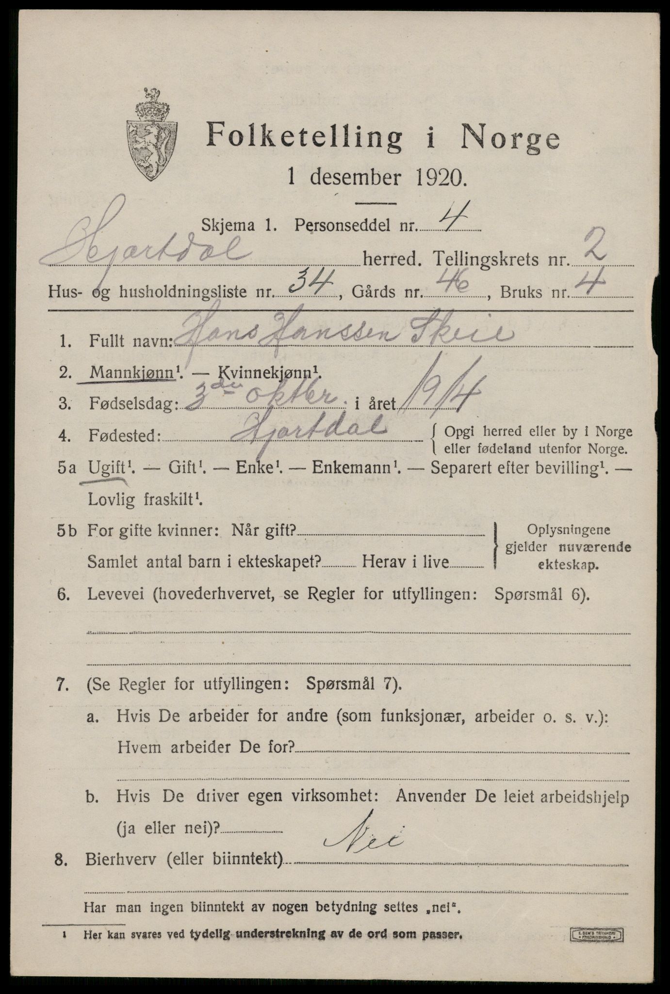 SAKO, 1920 census for Hjartdal, 1920, p. 2184