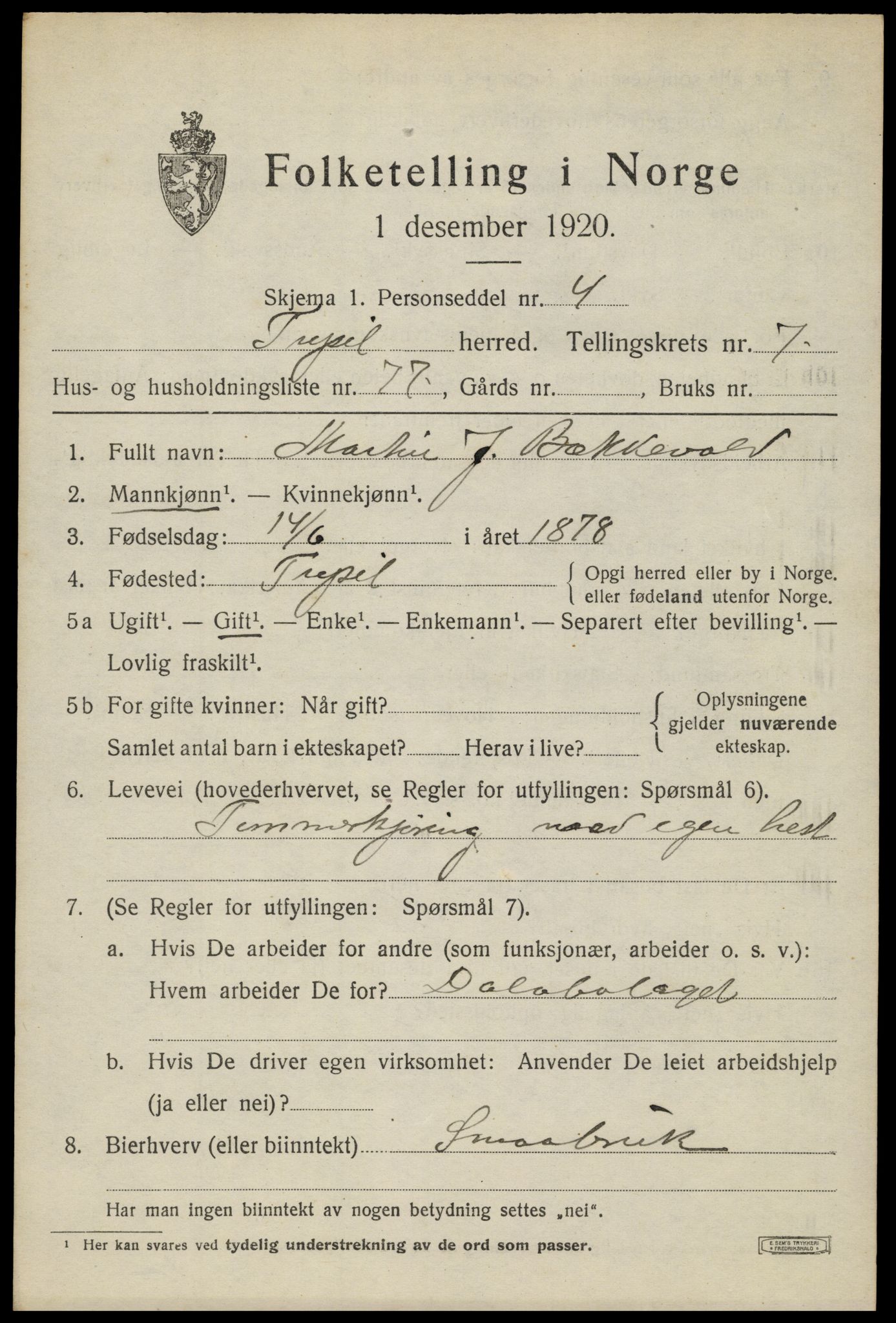 SAH, 1920 census for Trysil, 1920, p. 6199