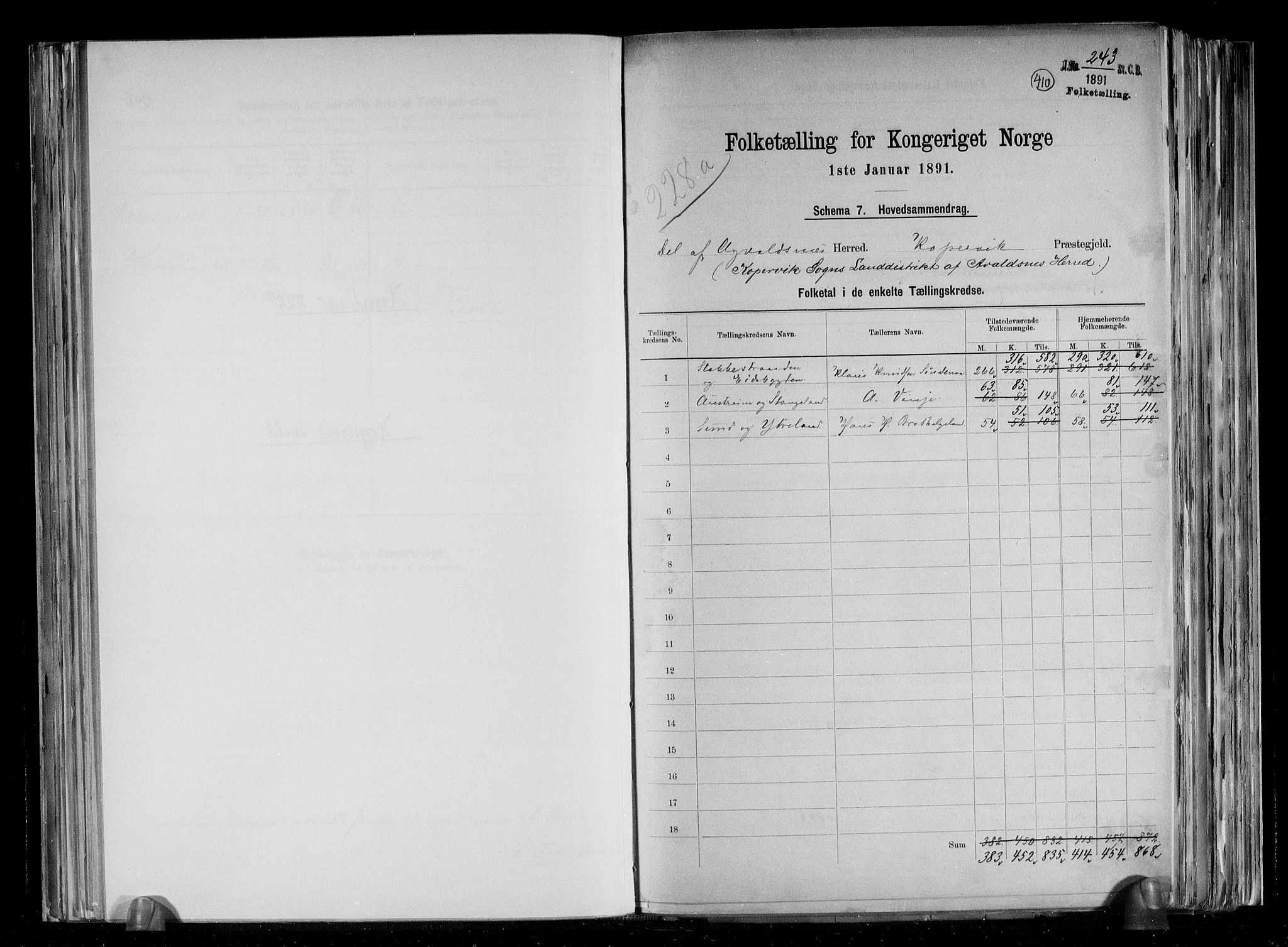 RA, 1891 census for 1147 Avaldsnes, 1891, p. 2