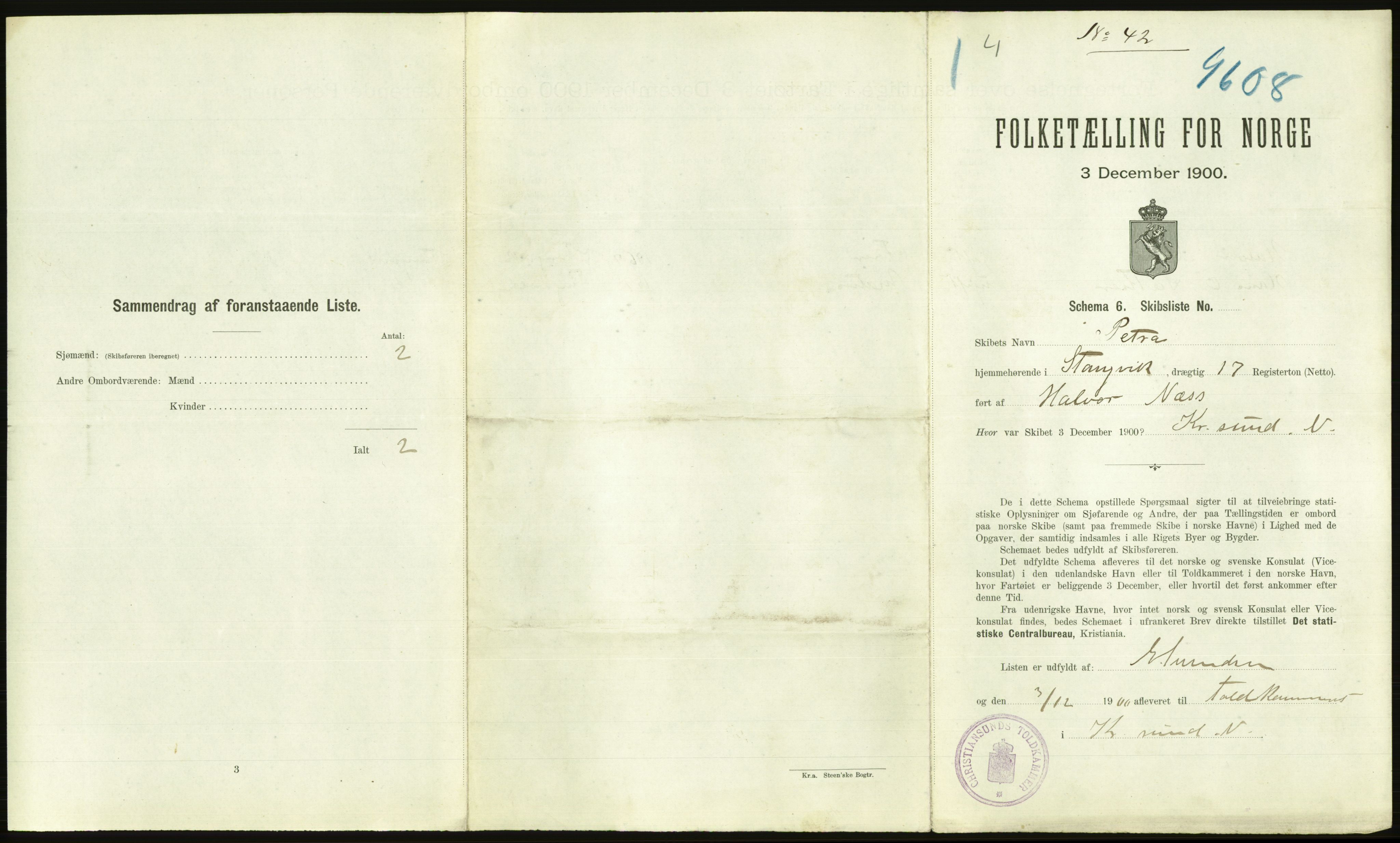 RA, 1900 Census - ship lists from ships in Norwegian harbours, harbours abroad and at sea, 1900, p. 2207