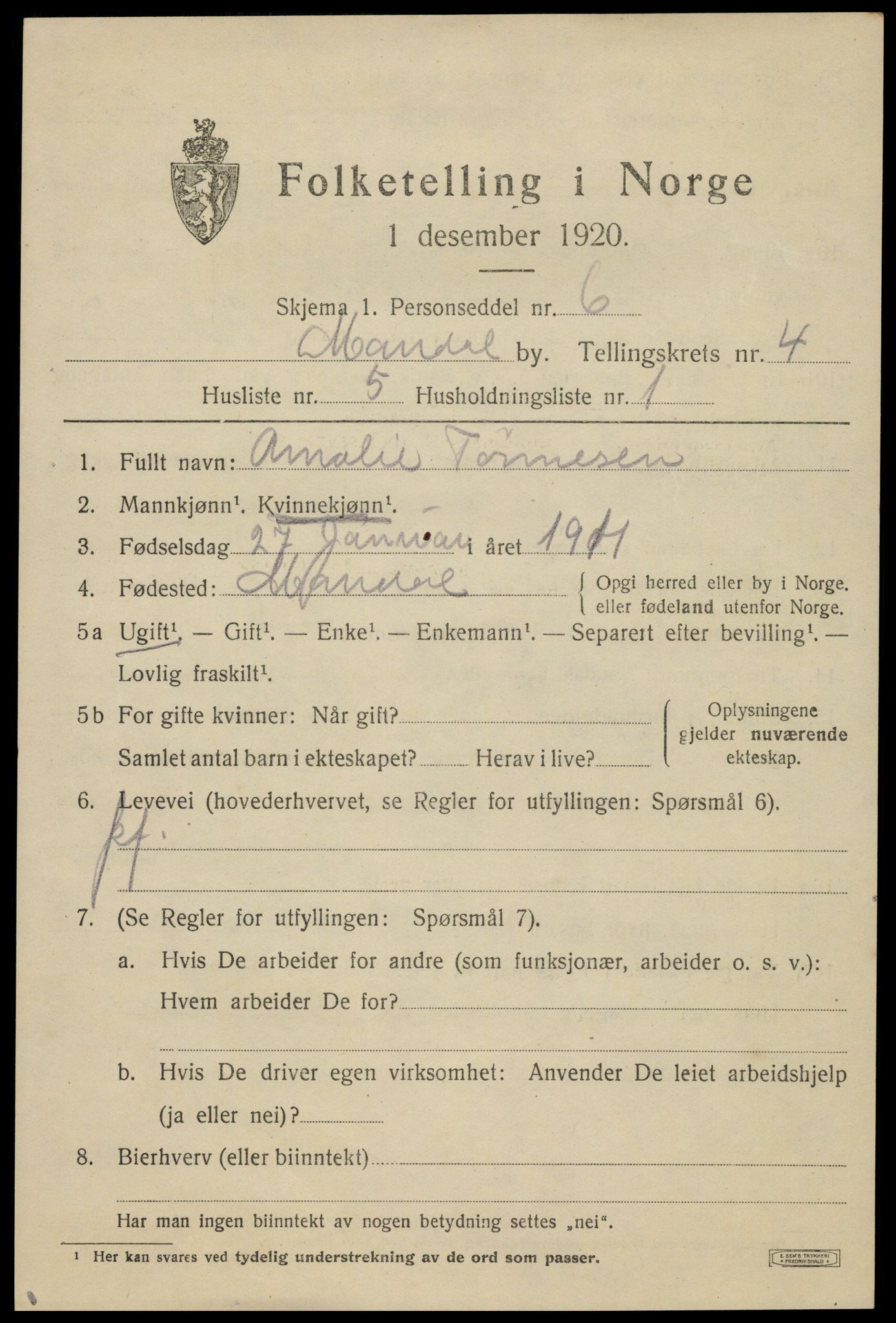 SAK, 1920 census for Mandal, 1920, p. 7079