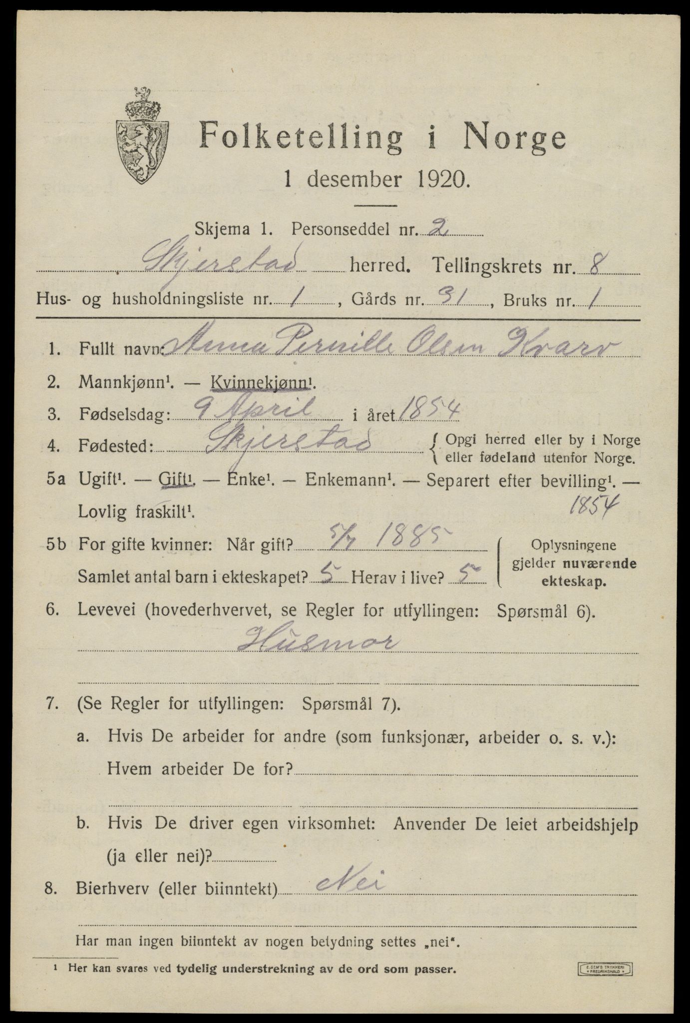 SAT, 1920 census for Skjerstad, 1920, p. 2743