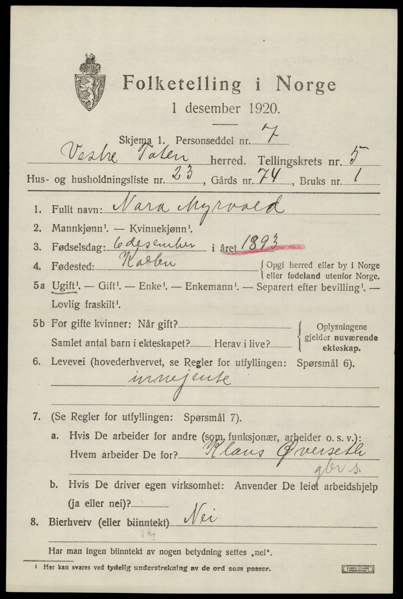 SAH, 1920 census for Vestre Toten, 1920, p. 7588