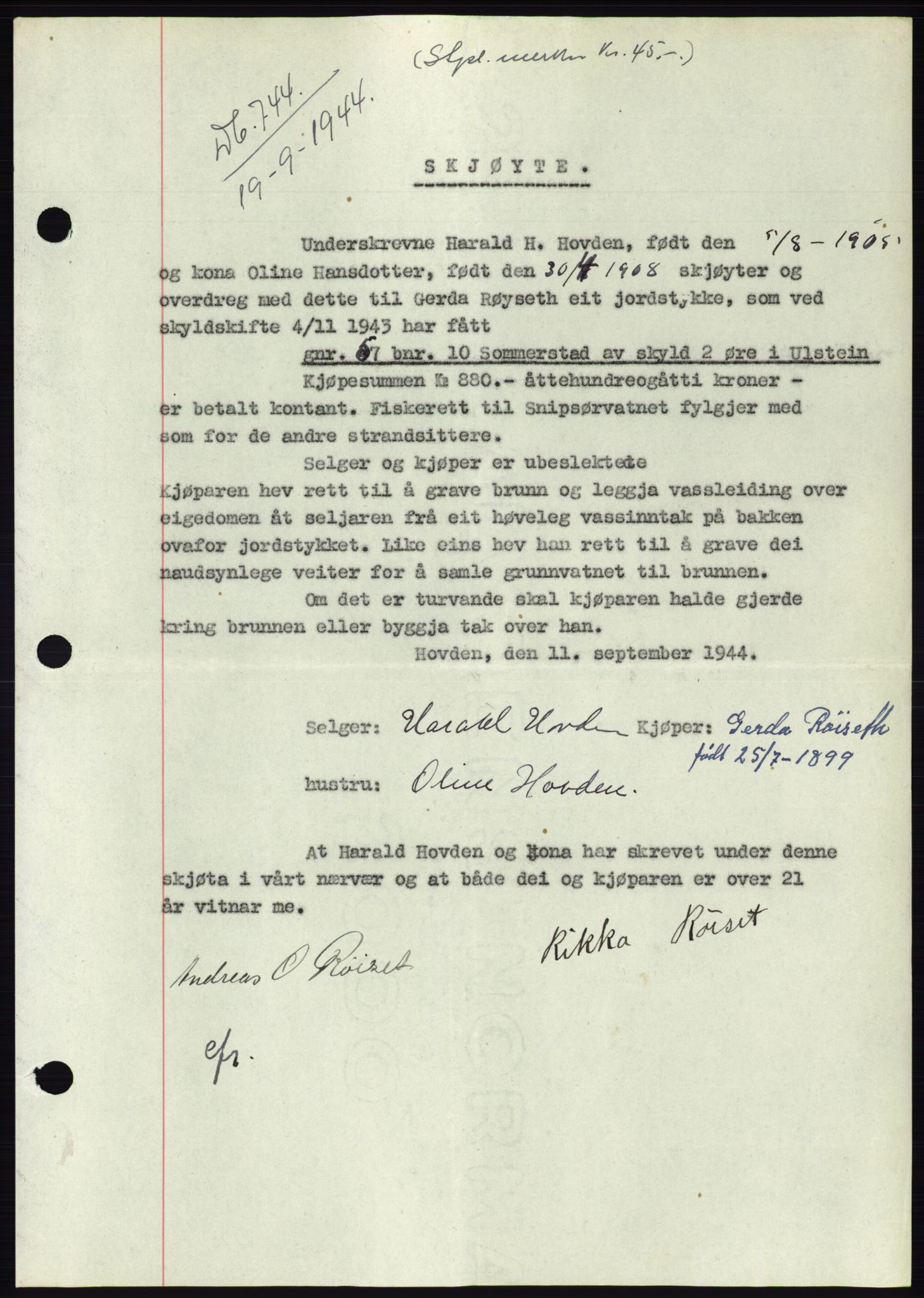 Søre Sunnmøre sorenskriveri, SAT/A-4122/1/2/2C/L0076: Mortgage book no. 2A, 1943-1944, Diary no: : 744/1944