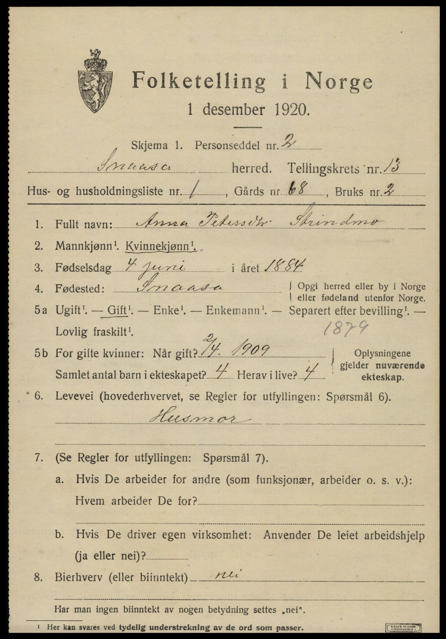 SAT, 1920 census for Snåsa, 1920, p. 5604