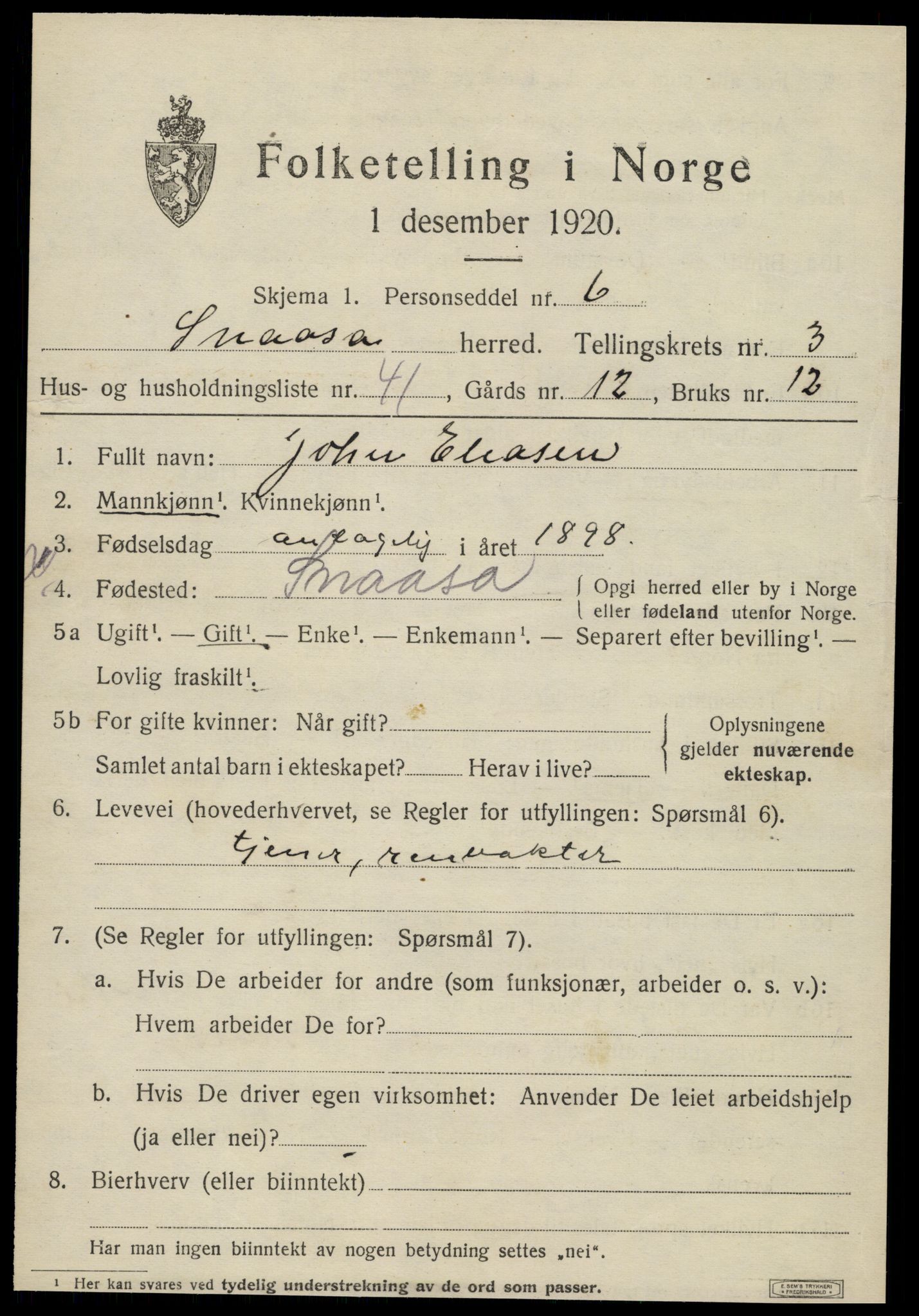 SAT, 1920 census for Snåsa, 1920, p. 1954