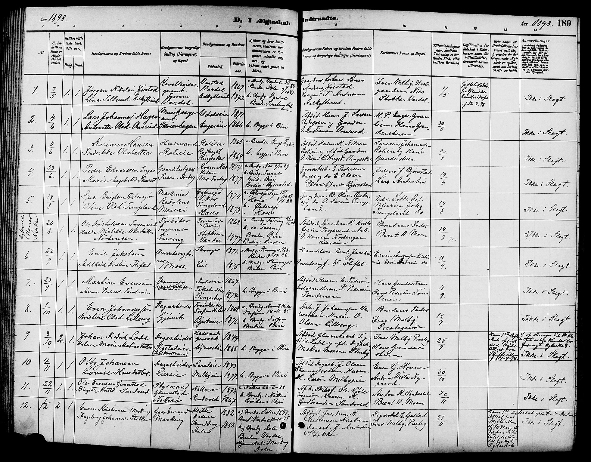 Biri prestekontor, SAH/PREST-096/H/Ha/Hab/L0004: Parish register (copy) no. 4, 1892-1909, p. 189
