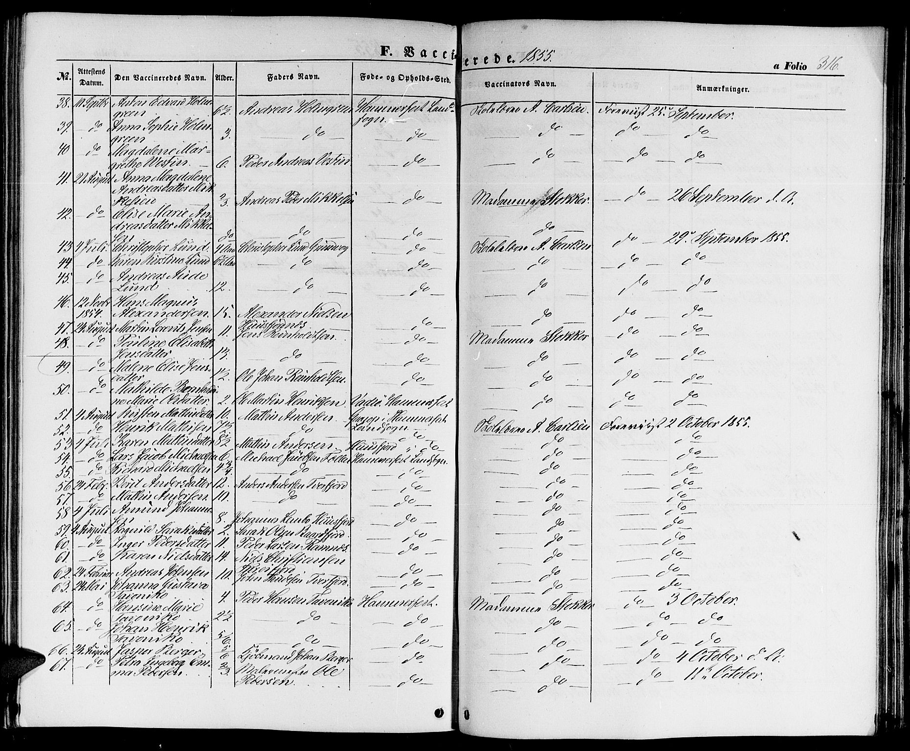 Hammerfest sokneprestkontor, AV/SATØ-S-1347/H/Hb/L0002.klokk: Parish register (copy) no. 2, 1851-1861, p. 316