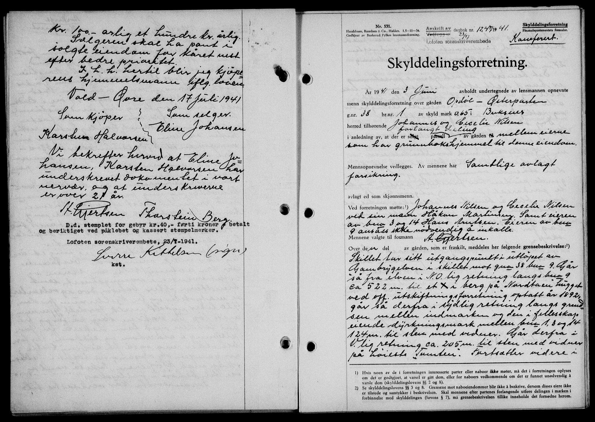 Lofoten sorenskriveri, SAT/A-0017/1/2/2C/L0008a: Mortgage book no. 8a, 1940-1941, Diary no: : 1247/1941