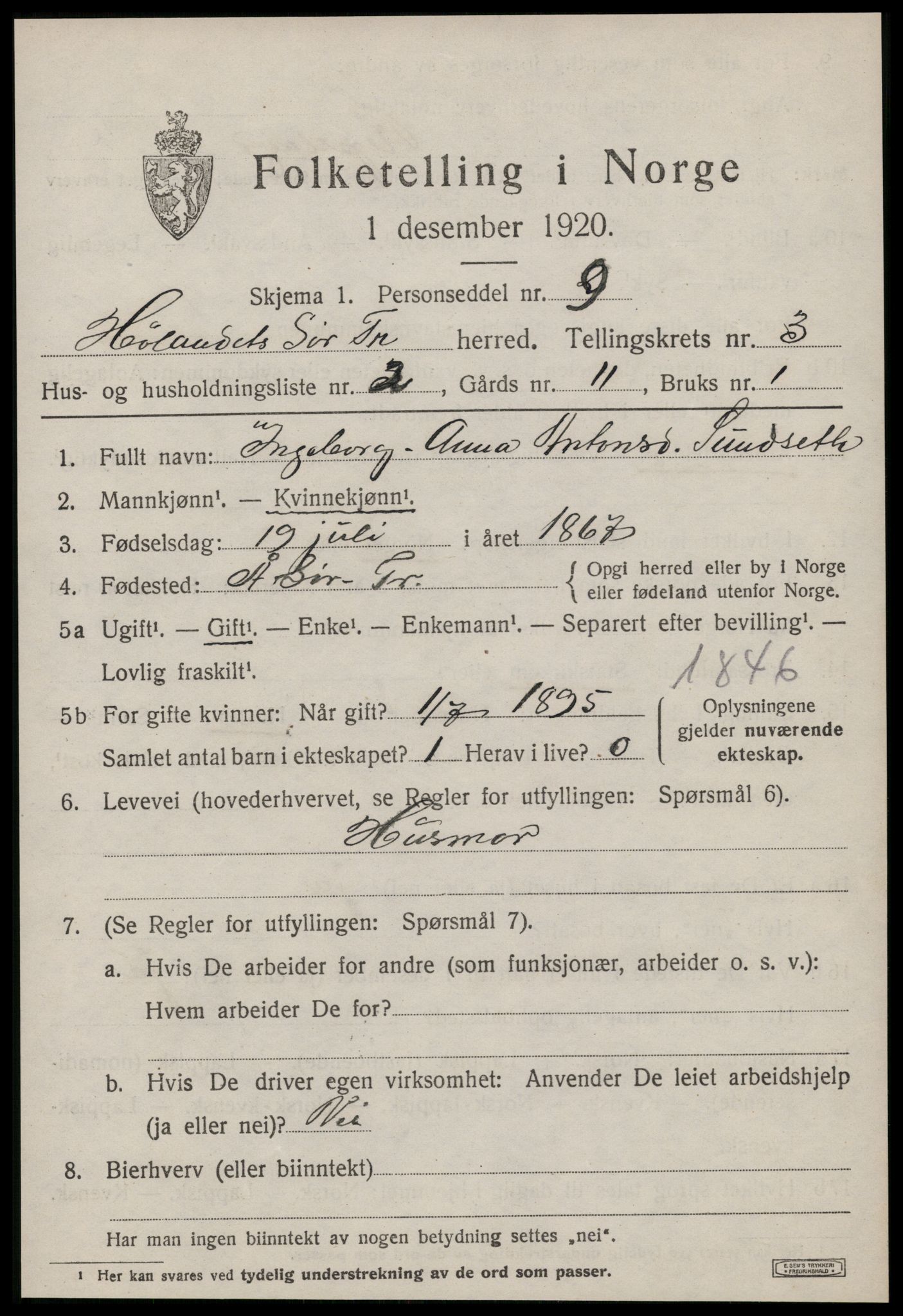 SAT, 1920 census for Hølonda, 1920, p. 1187