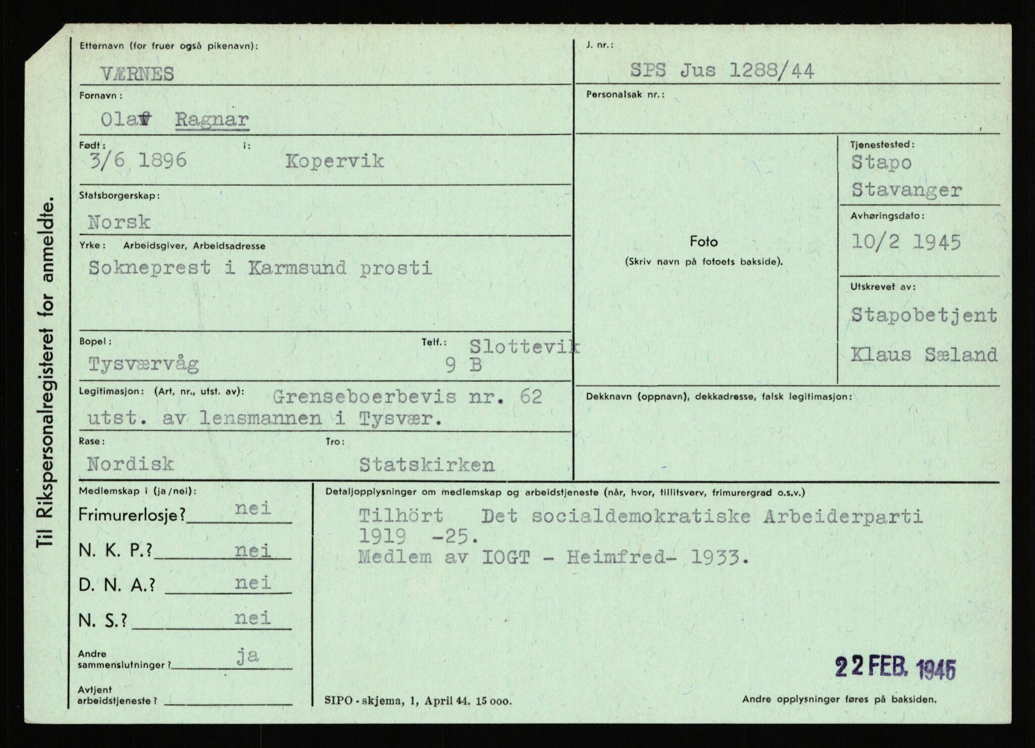 Statspolitiet - Hovedkontoret / Osloavdelingen, AV/RA-S-1329/C/Ca/L0016: Uberg - Øystese, 1943-1945, p. 1534