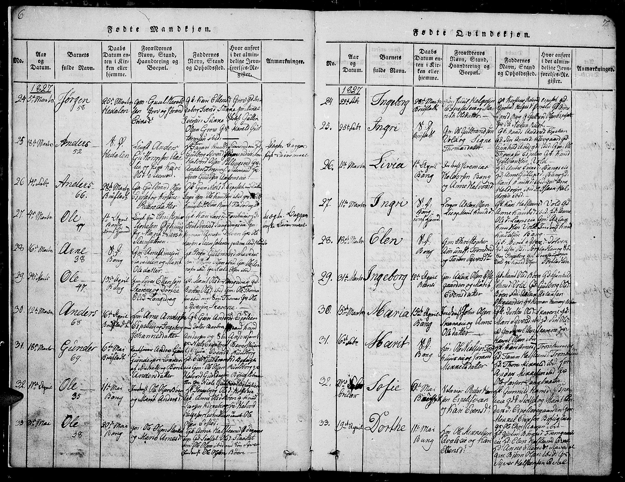 Sør-Aurdal prestekontor, SAH/PREST-128/H/Ha/Hab/L0002: Parish register (copy) no. 2, 1826-1840, p. 6-7