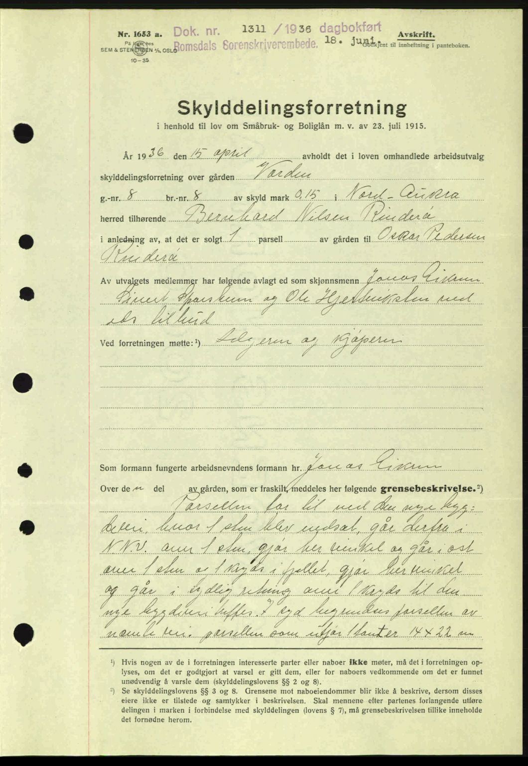 Romsdal sorenskriveri, AV/SAT-A-4149/1/2/2C: Mortgage book no. A1, 1936-1936, Diary no: : 1311/1936