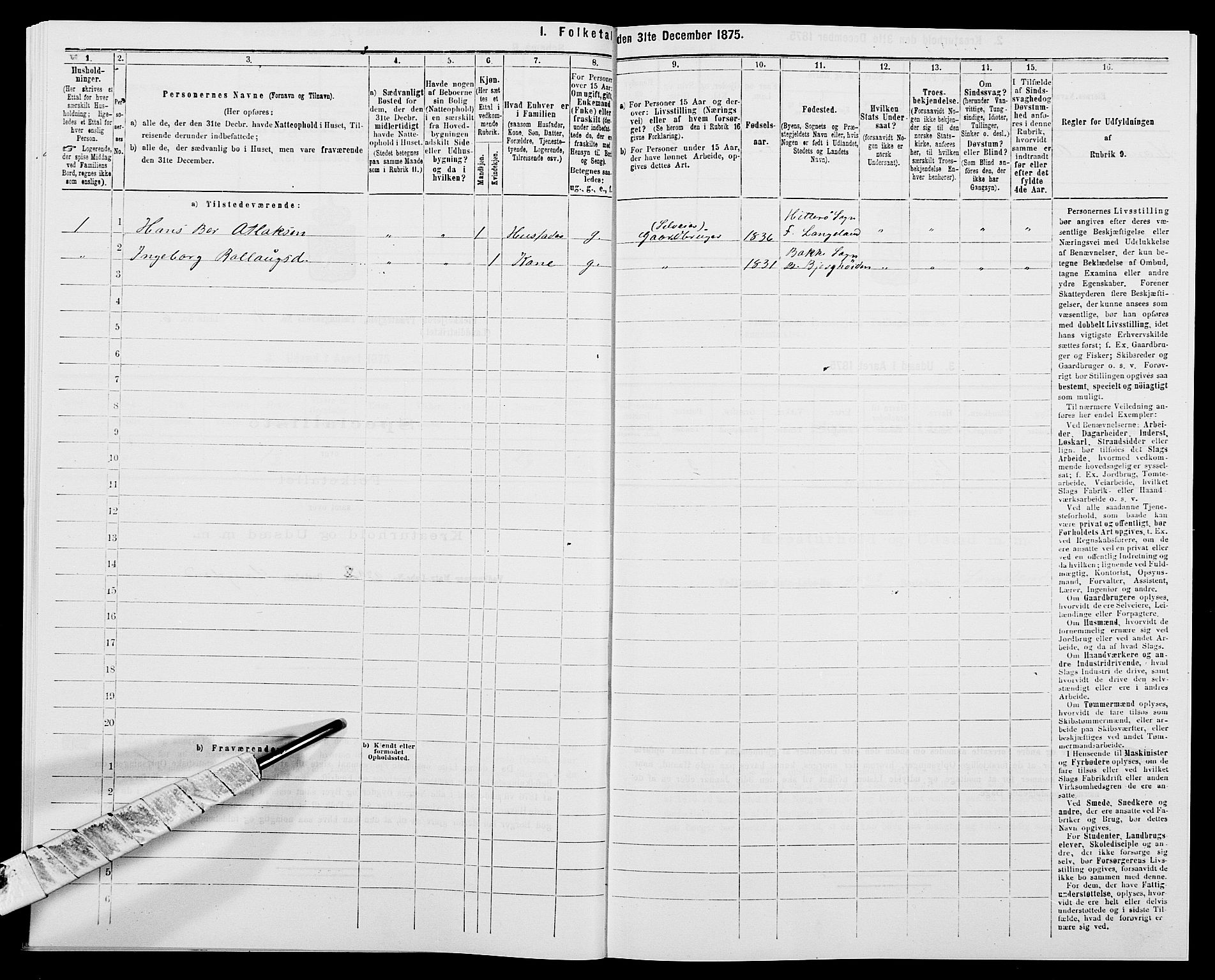 SAK, 1875 census for 1042L Flekkefjord/Nes og Hidra, 1875, p. 545