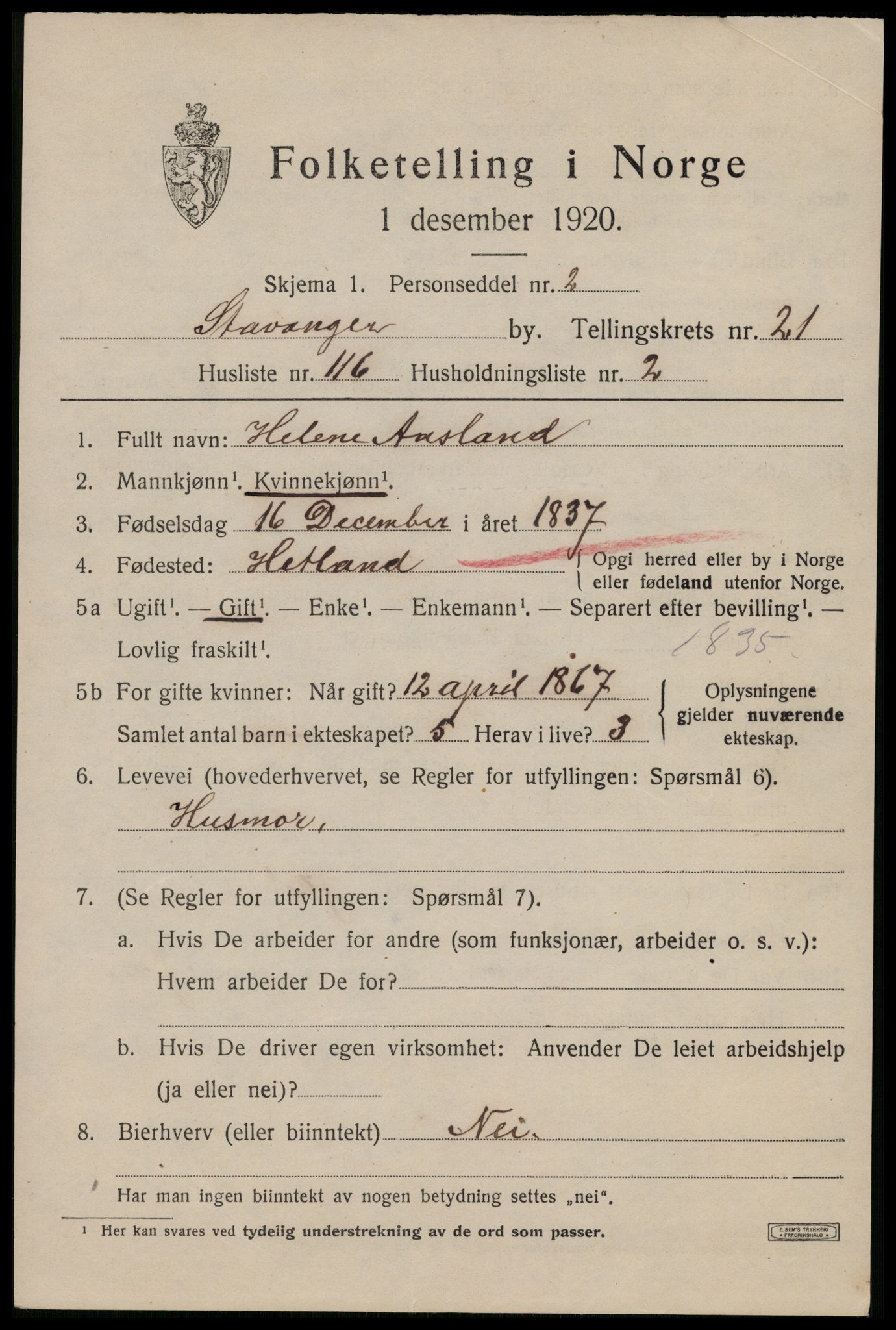 SAST, 1920 census for Stavanger, 1920, p. 73754