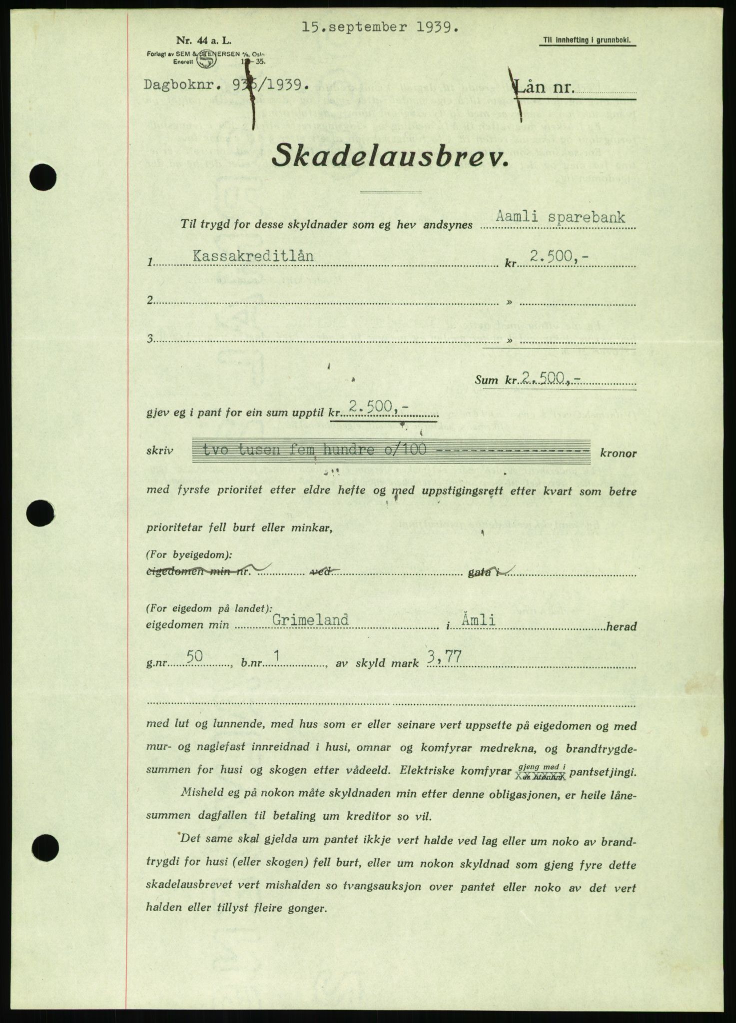 Nedenes sorenskriveri, SAK/1221-0006/G/Gb/Gbb/L0001: Mortgage book no. I, 1939-1942, Diary no: : 935/1939