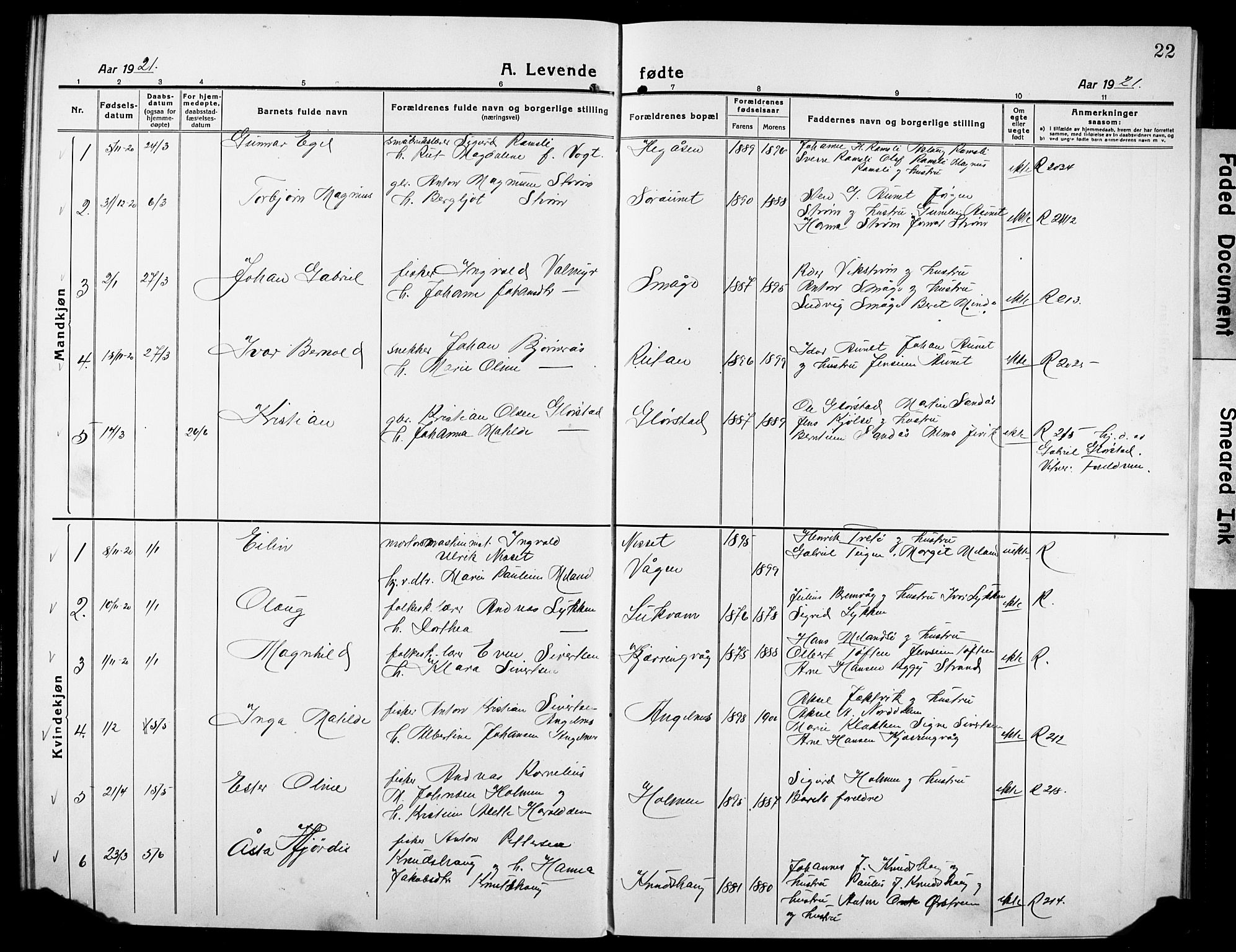 Ministerialprotokoller, klokkerbøker og fødselsregistre - Sør-Trøndelag, SAT/A-1456/634/L0543: Parish register (copy) no. 634C05, 1917-1928, p. 22