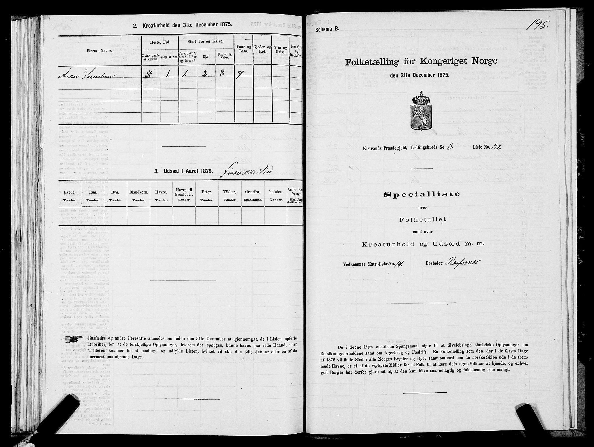 SATØ, 1875 census for 2020P Kistrand, 1875, p. 1195