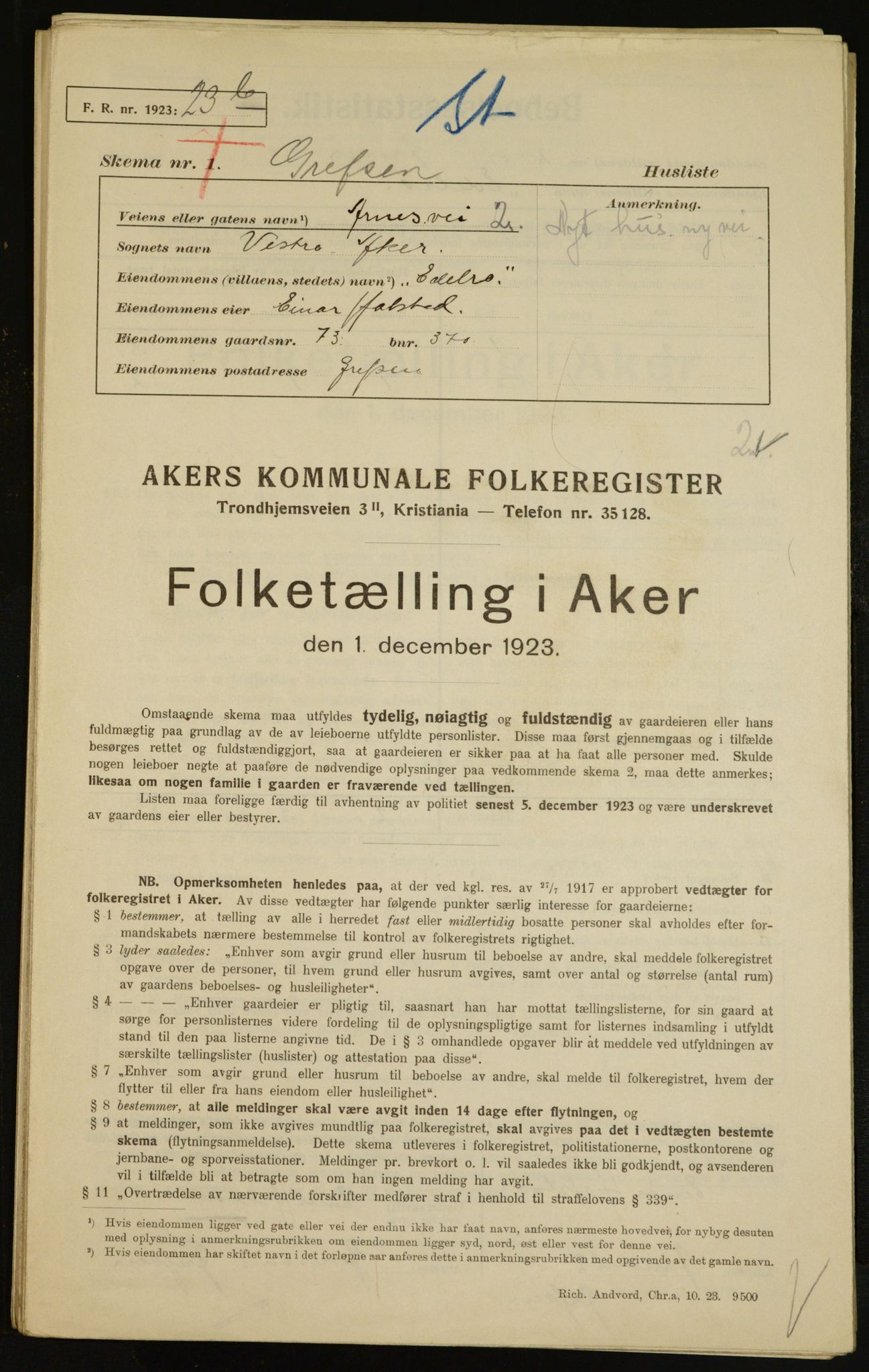 , Municipal Census 1923 for Aker, 1923, p. 7591