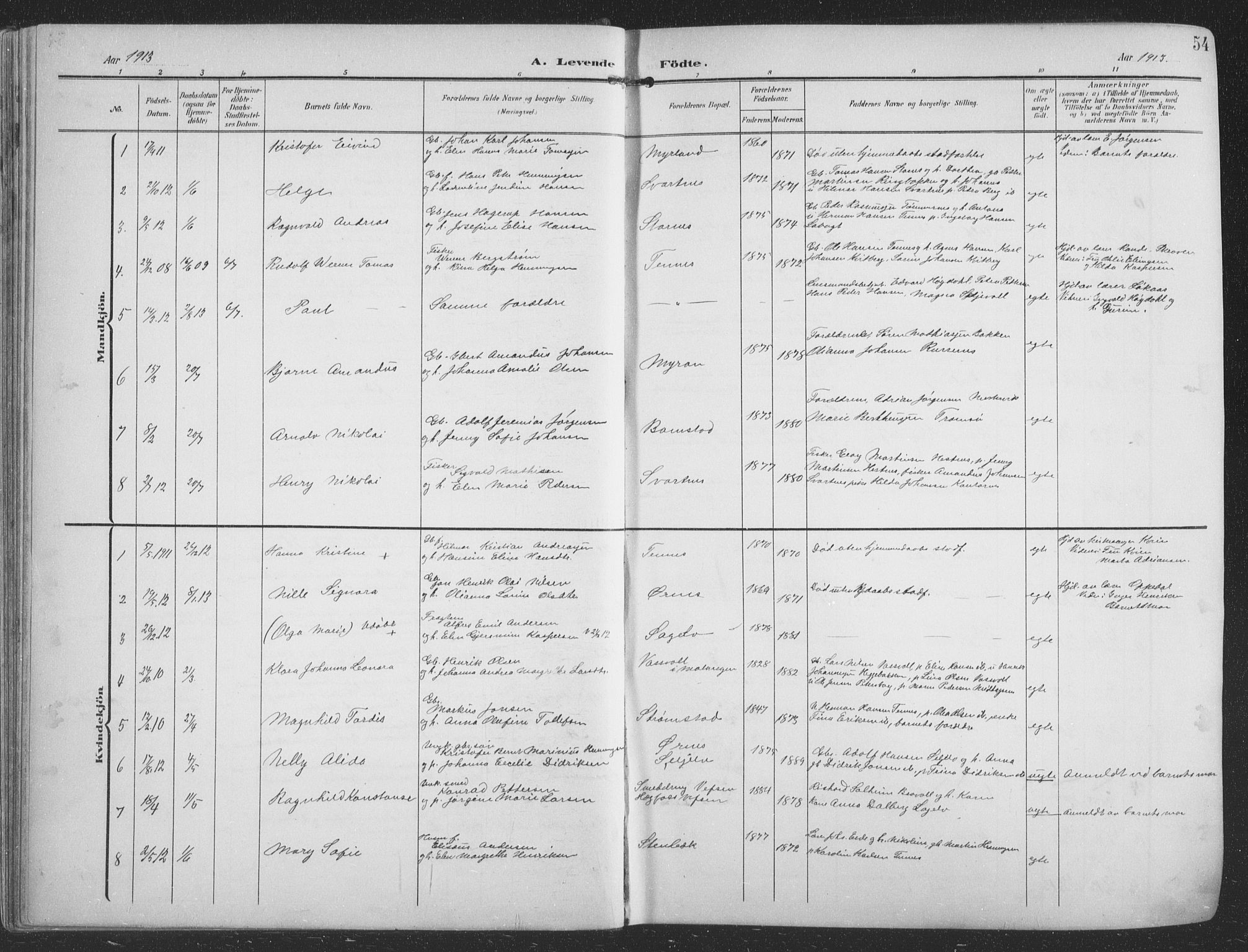 Balsfjord sokneprestembete, SATØ/S-1303/G/Ga/L0009klokker: Parish register (copy) no. 9, 1906-1920, p. 54