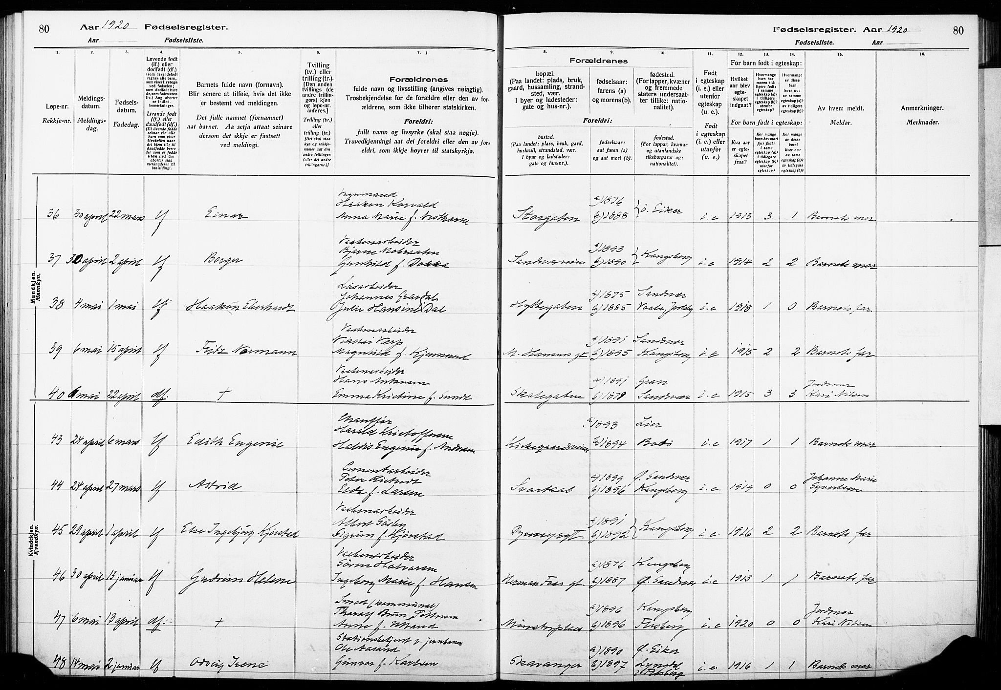 Kongsberg kirkebøker, AV/SAKO-A-22/J/Ja/L0001: Birth register no. I 1, 1916-1927, p. 80