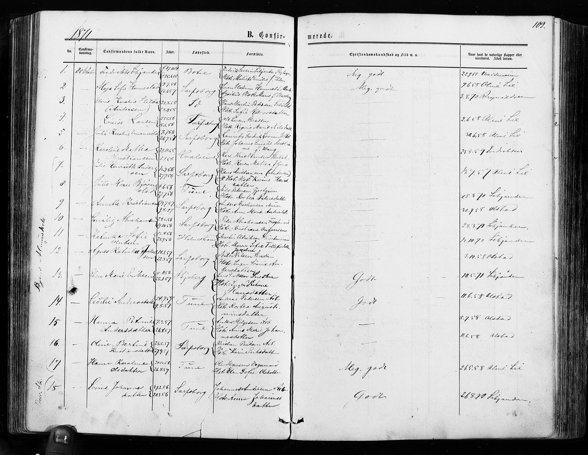 Sarpsborg prestekontor Kirkebøker, AV/SAO-A-2006/F/Fa/L0002: Parish register (official) no. 2, 1869-1877, p. 109