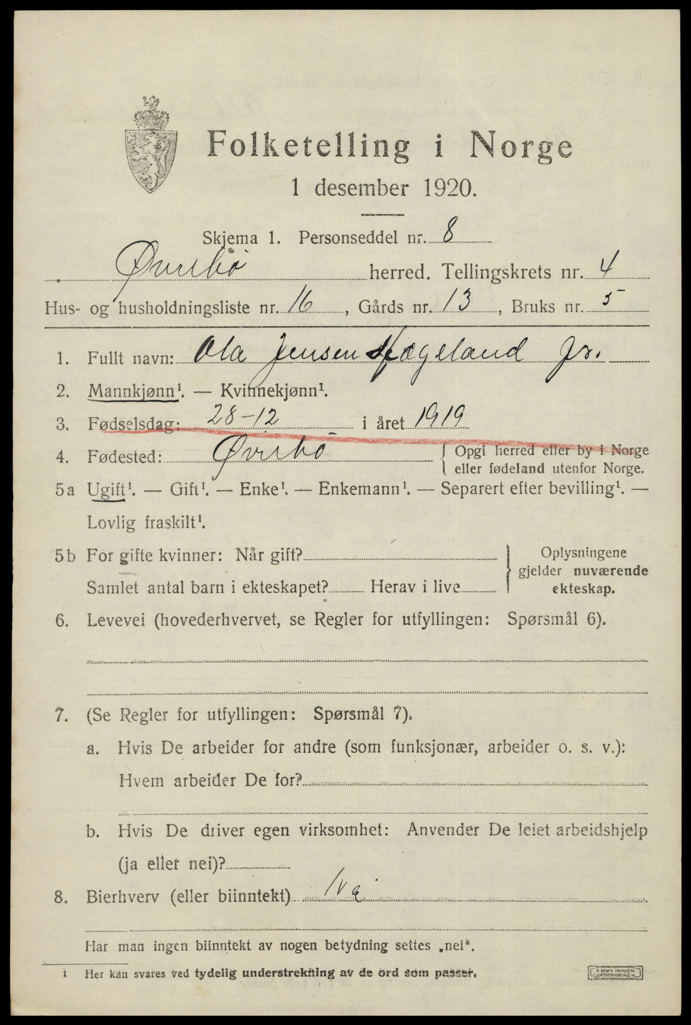 SAK, 1920 census for Øvrebø, 1920, p. 964