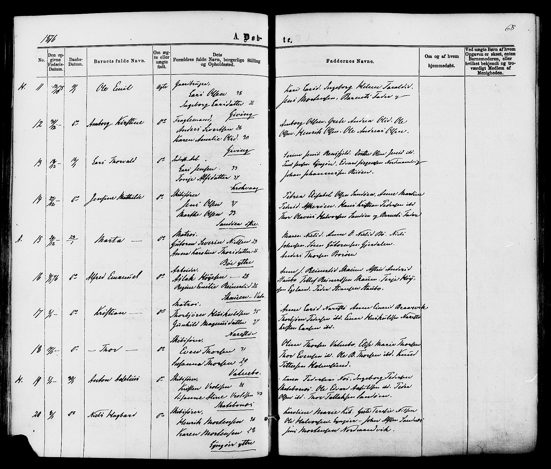 Dypvåg sokneprestkontor, AV/SAK-1111-0007/F/Fa/Faa/L0007: Parish register (official) no. A 7/ 1, 1872-1884, p. 68