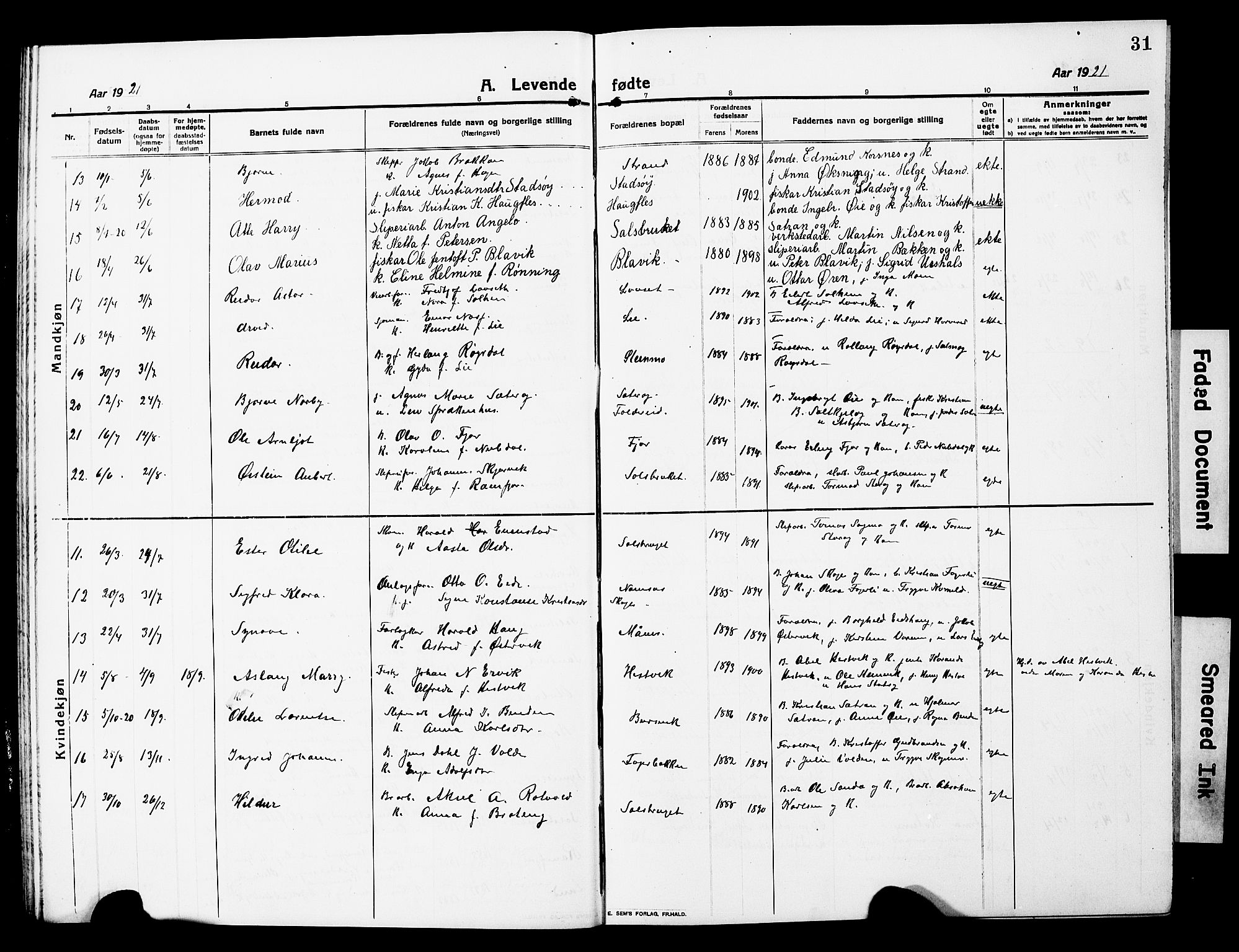 Ministerialprotokoller, klokkerbøker og fødselsregistre - Nord-Trøndelag, AV/SAT-A-1458/780/L0653: Parish register (copy) no. 780C05, 1911-1927, p. 31