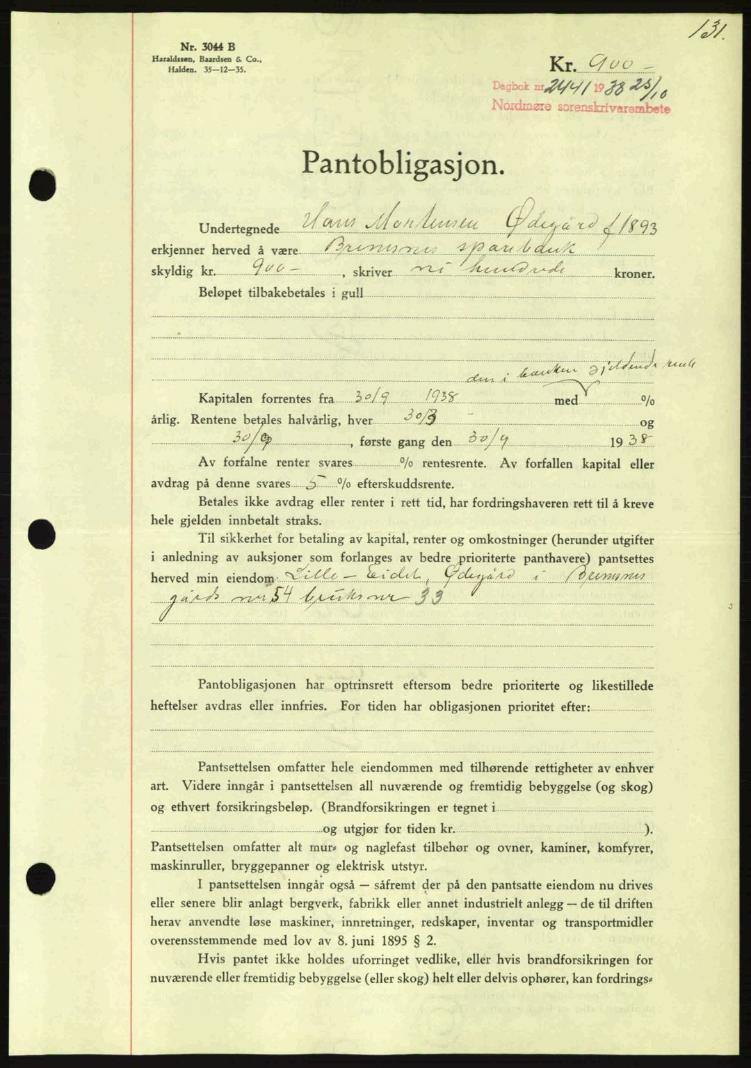 Nordmøre sorenskriveri, SAT/A-4132/1/2/2Ca: Mortgage book no. B84, 1938-1939, Diary no: : 2441/1938