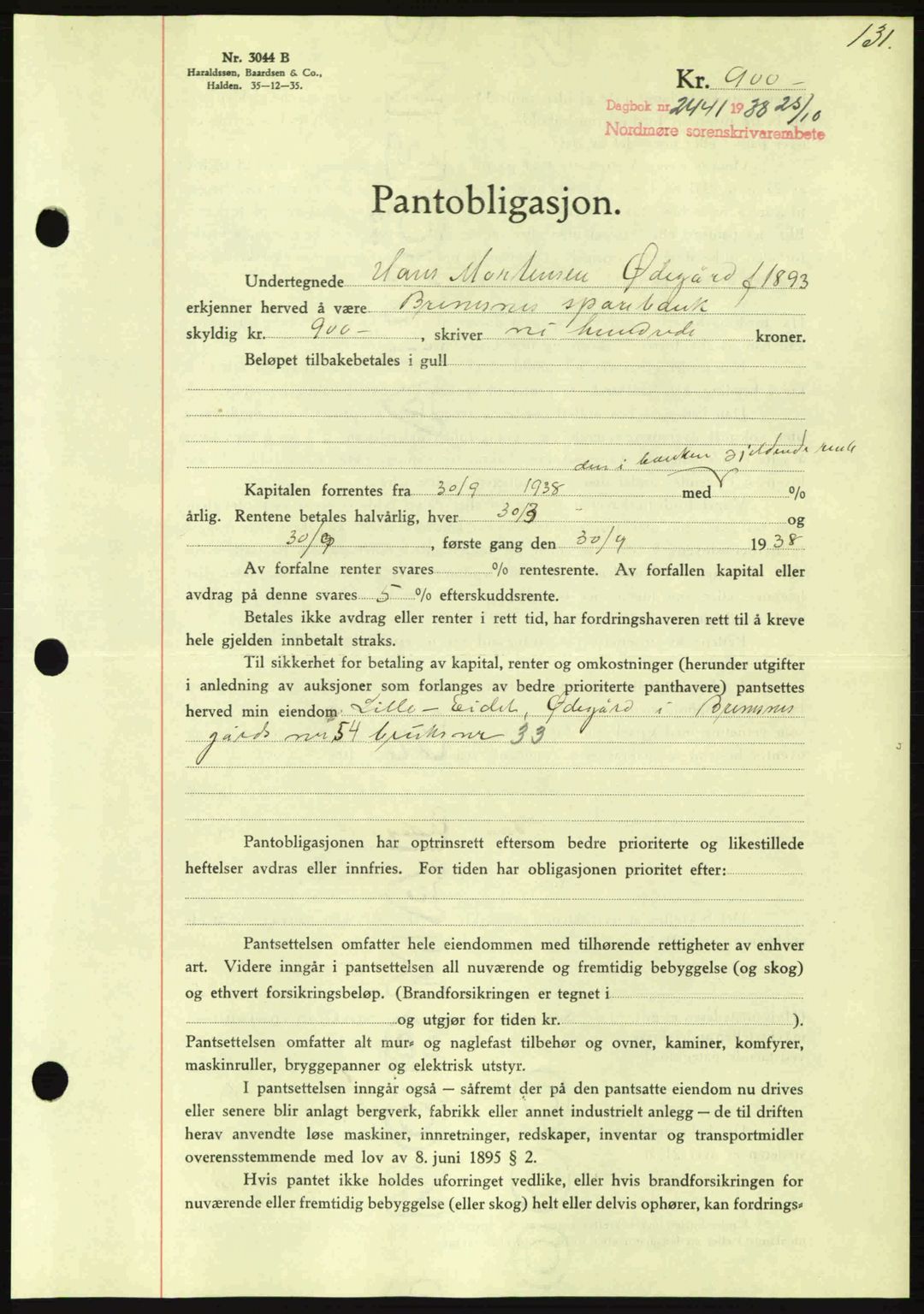 Nordmøre sorenskriveri, AV/SAT-A-4132/1/2/2Ca: Mortgage book no. B84, 1938-1939, Diary no: : 2441/1938