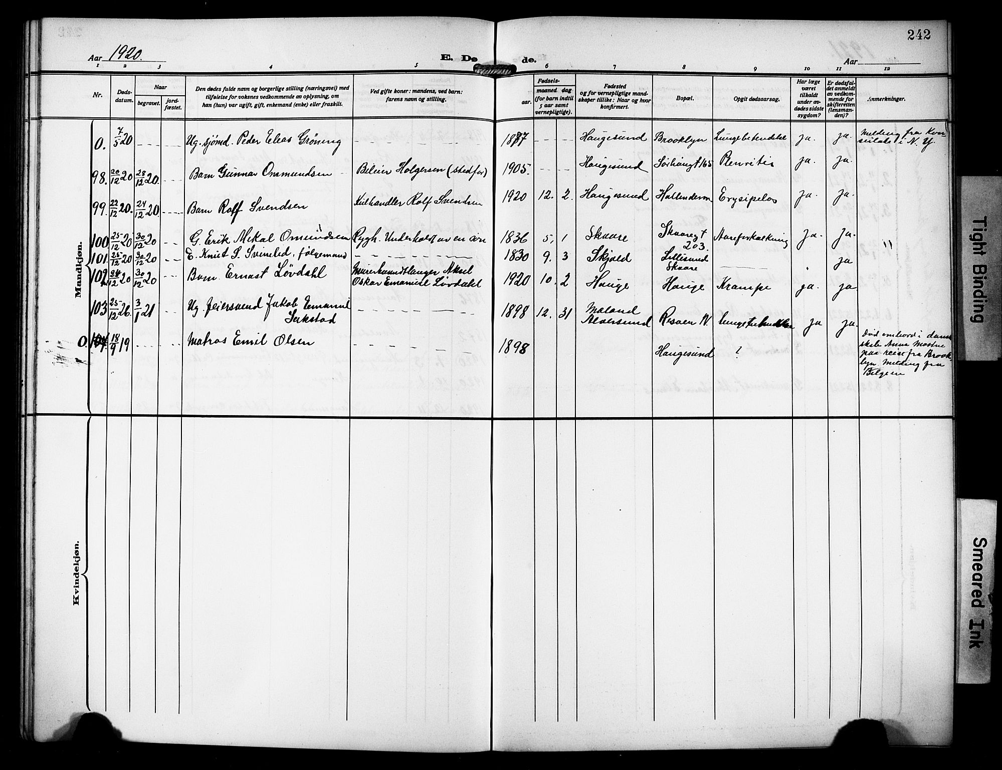 Haugesund sokneprestkontor, AV/SAST-A -101863/H/Ha/Hab/L0008: Parish register (copy) no. B 8, 1909-1921, p. 242