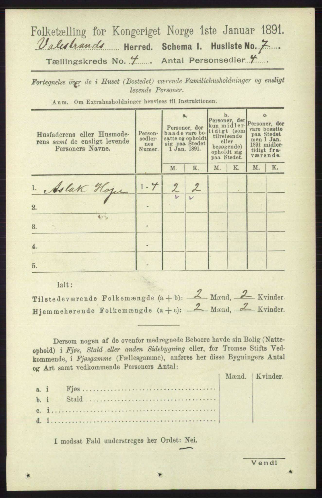 RA, 1891 census for 1217 Valestrand, 1891, p. 837
