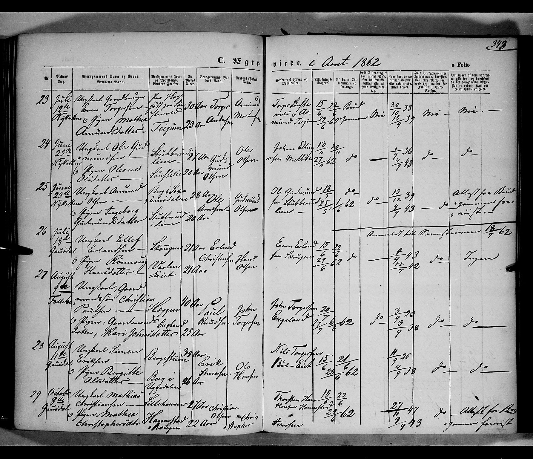 Gausdal prestekontor, SAH/PREST-090/H/Ha/Haa/L0009: Parish register (official) no. 9, 1862-1873, p. 343