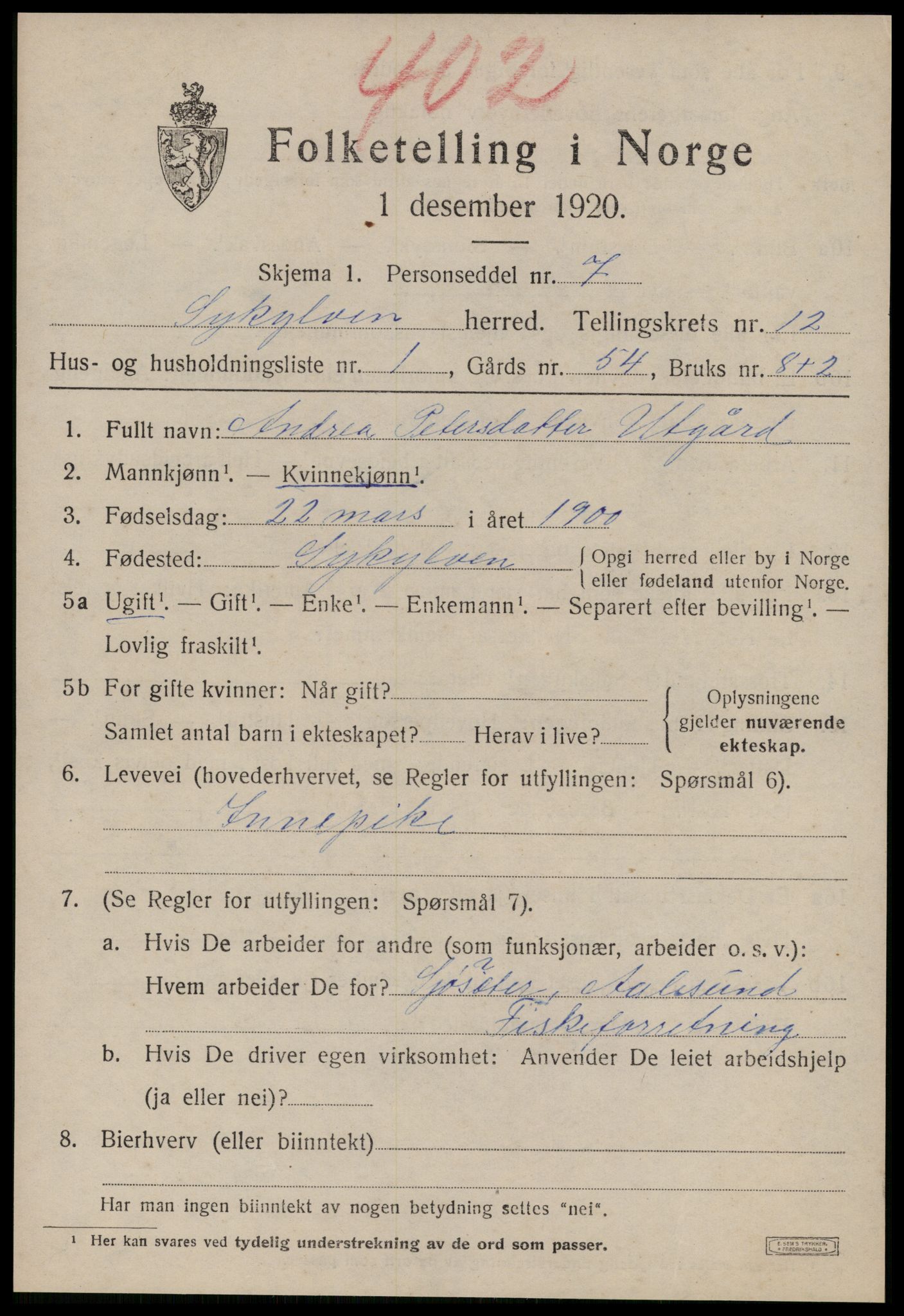 SAT, 1920 census for Sykkylven, 1920, p. 5697